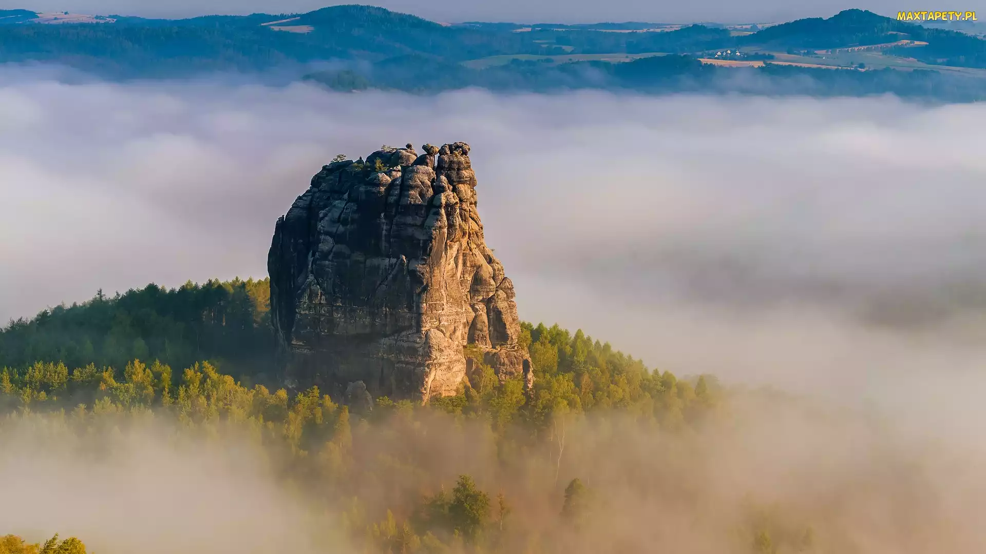 Niemcy, Góry Połabskie, Falkenstein, Skała, Mgła, Drzewa