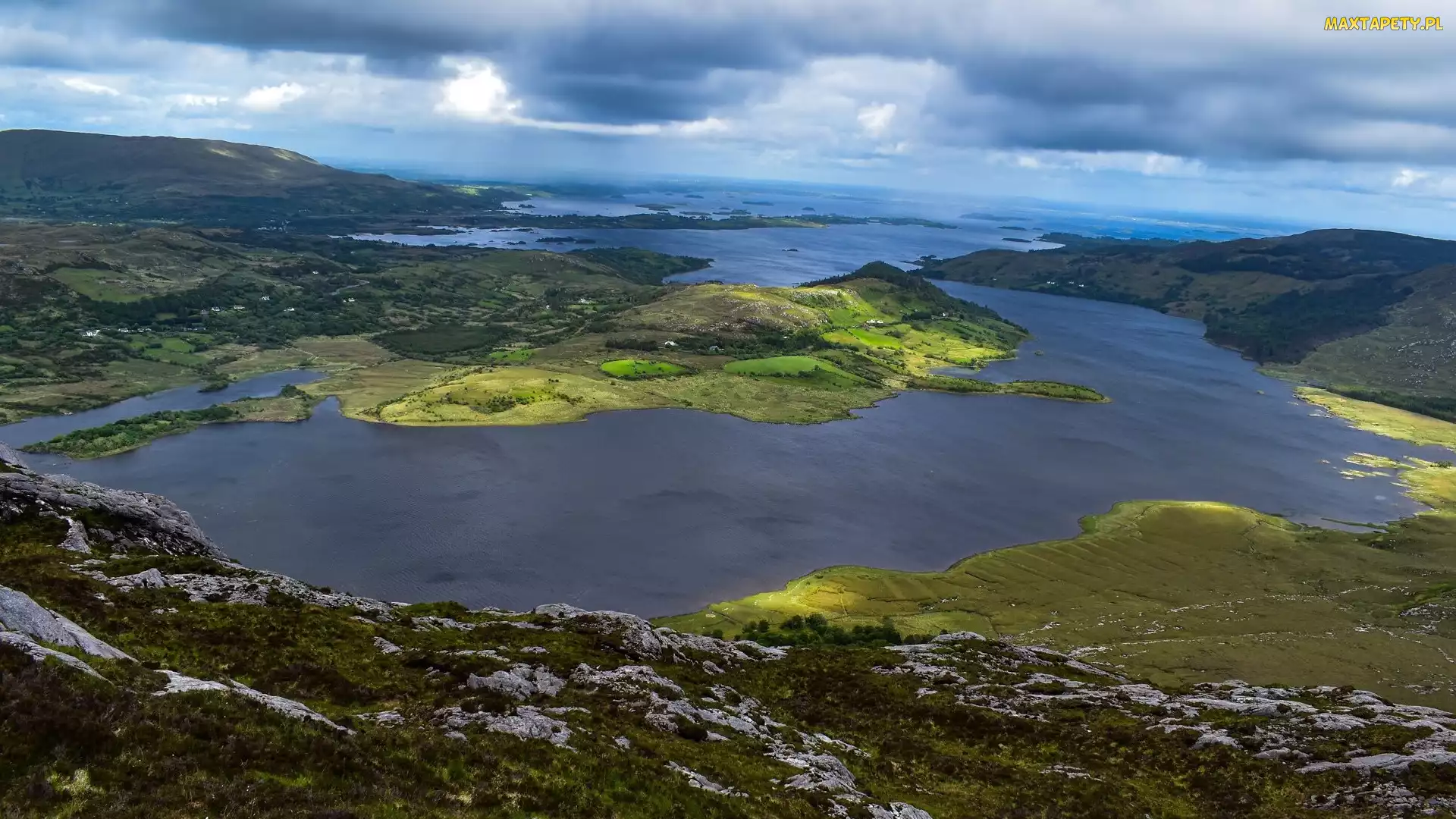 Jezioro, Irlandia, Galway, Lough Corrib, Wzgórza