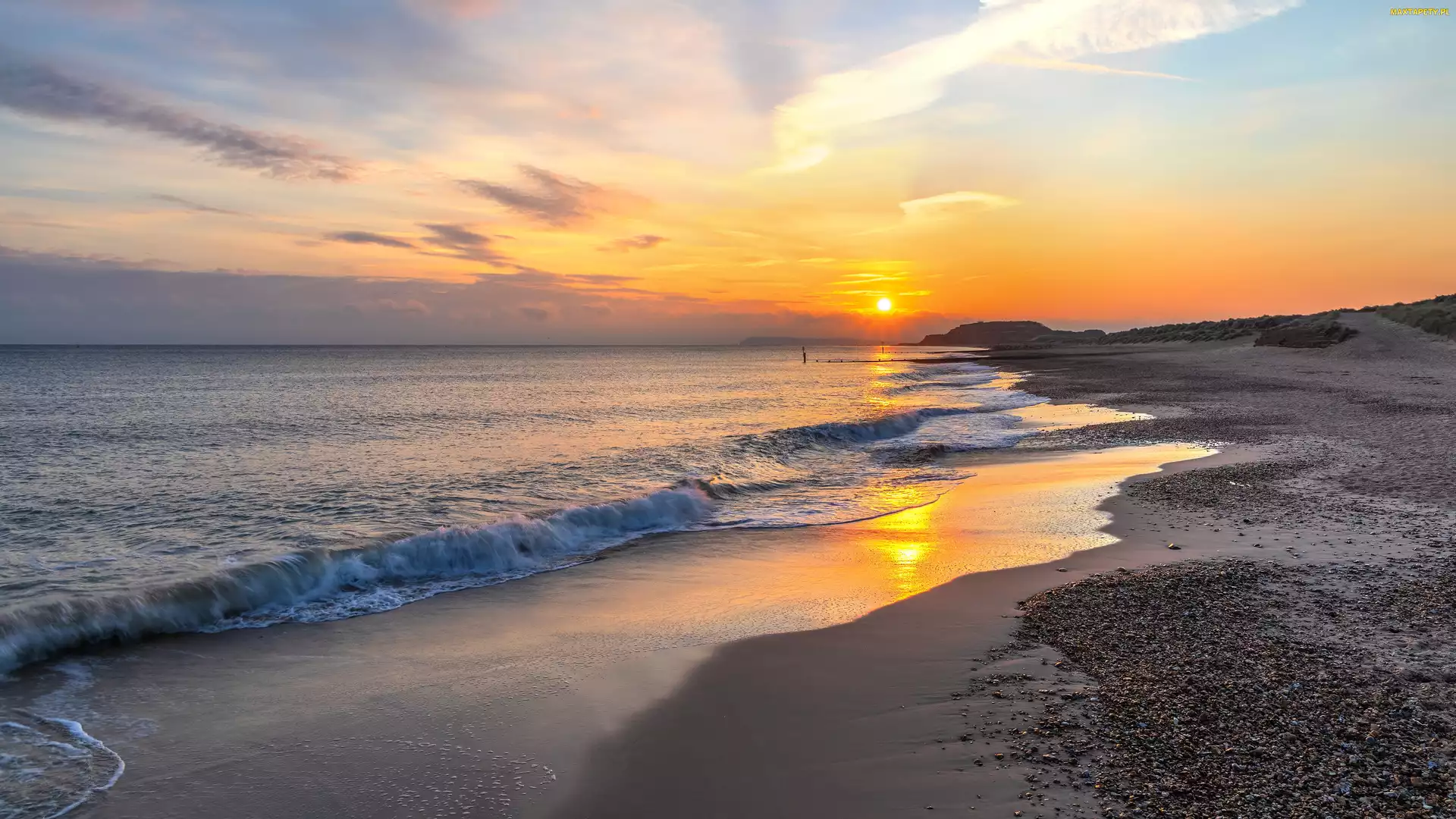 Zachód słońca, Niebo, Brzeg, Morze, Plaża, Kamienie