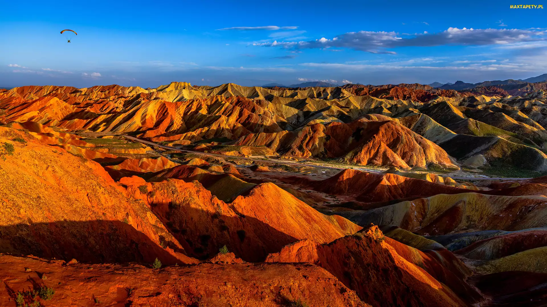 Niebo, Droga, Narodowy Park Geologiczny Zhangye Danxia, Motolotnia, Piaskowce, Chiny, Skały