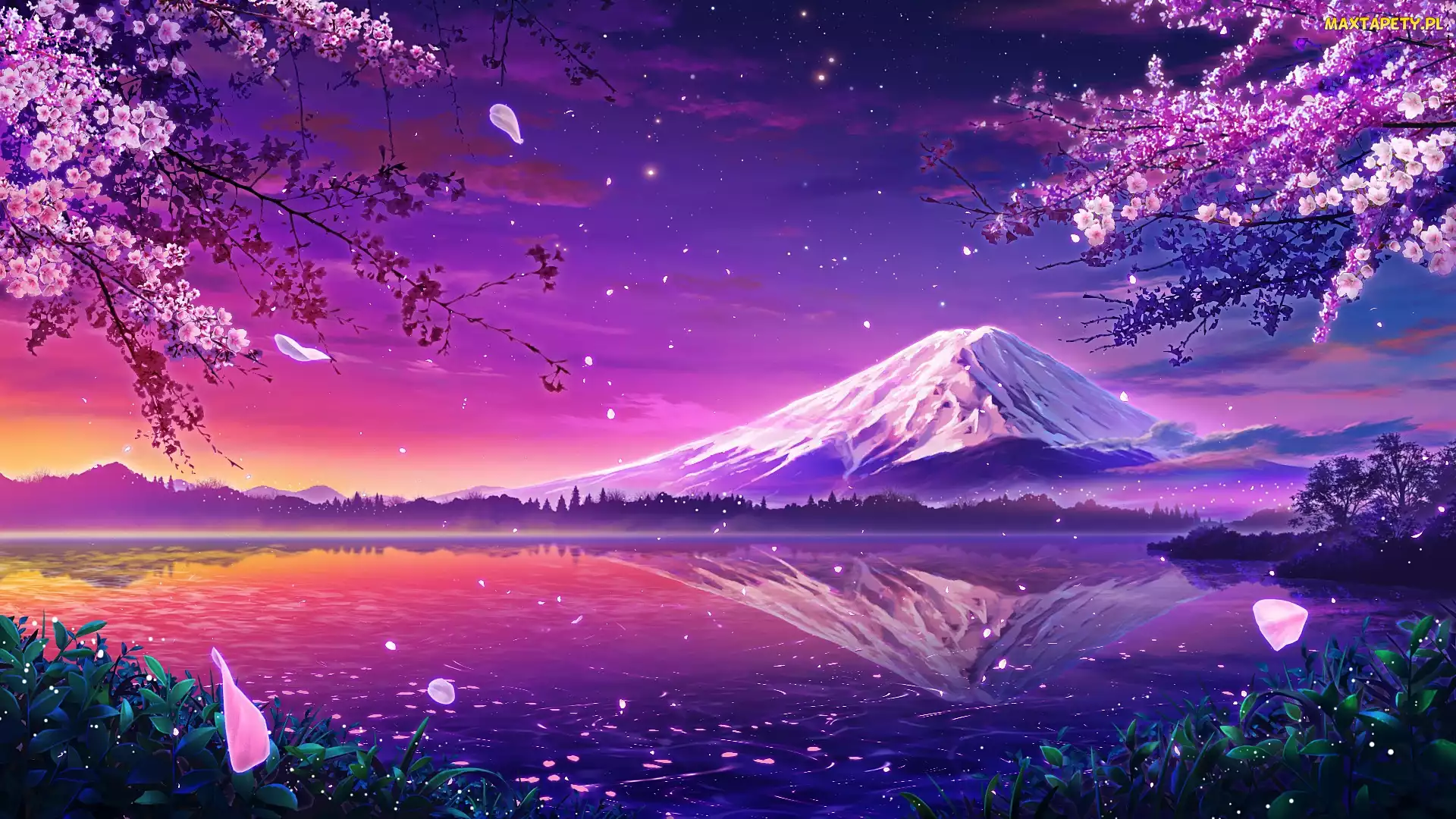 Japonia, Góra Fudżi, Wiosna, Grafika, Zachód słońca, Jezioro