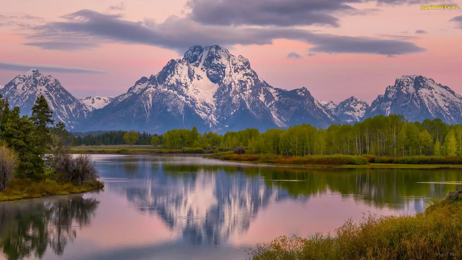 Poranek, Stan Wyoming, Drzewa, Stany Zjednoczone, Park Narodowy Grand Teton, Snake River, Góry, Teton Range, Rzeka