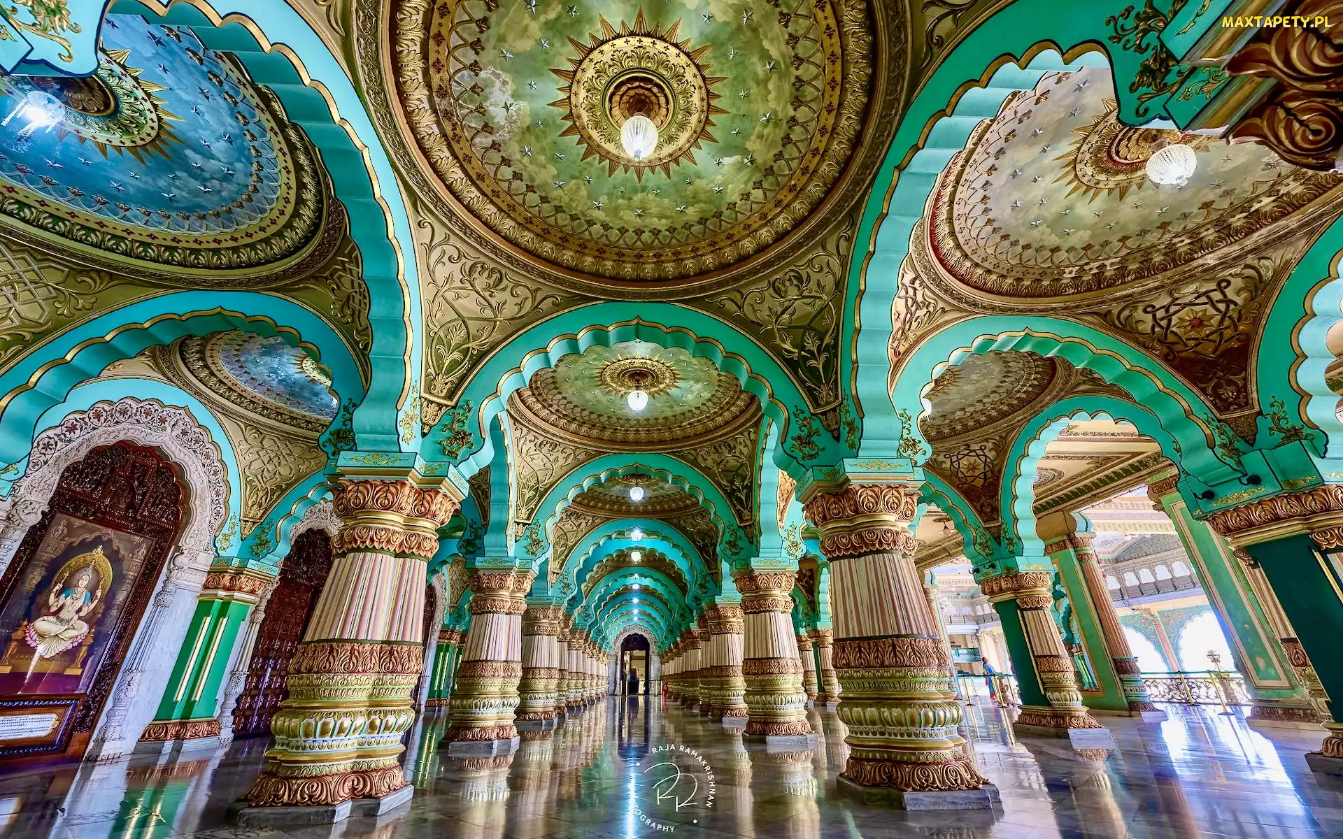 Durbar Hall, Filary, Wnętrze, Hol, Pałac, Mysore, Mysore Palace, Amba Vilas, Indie, Sala