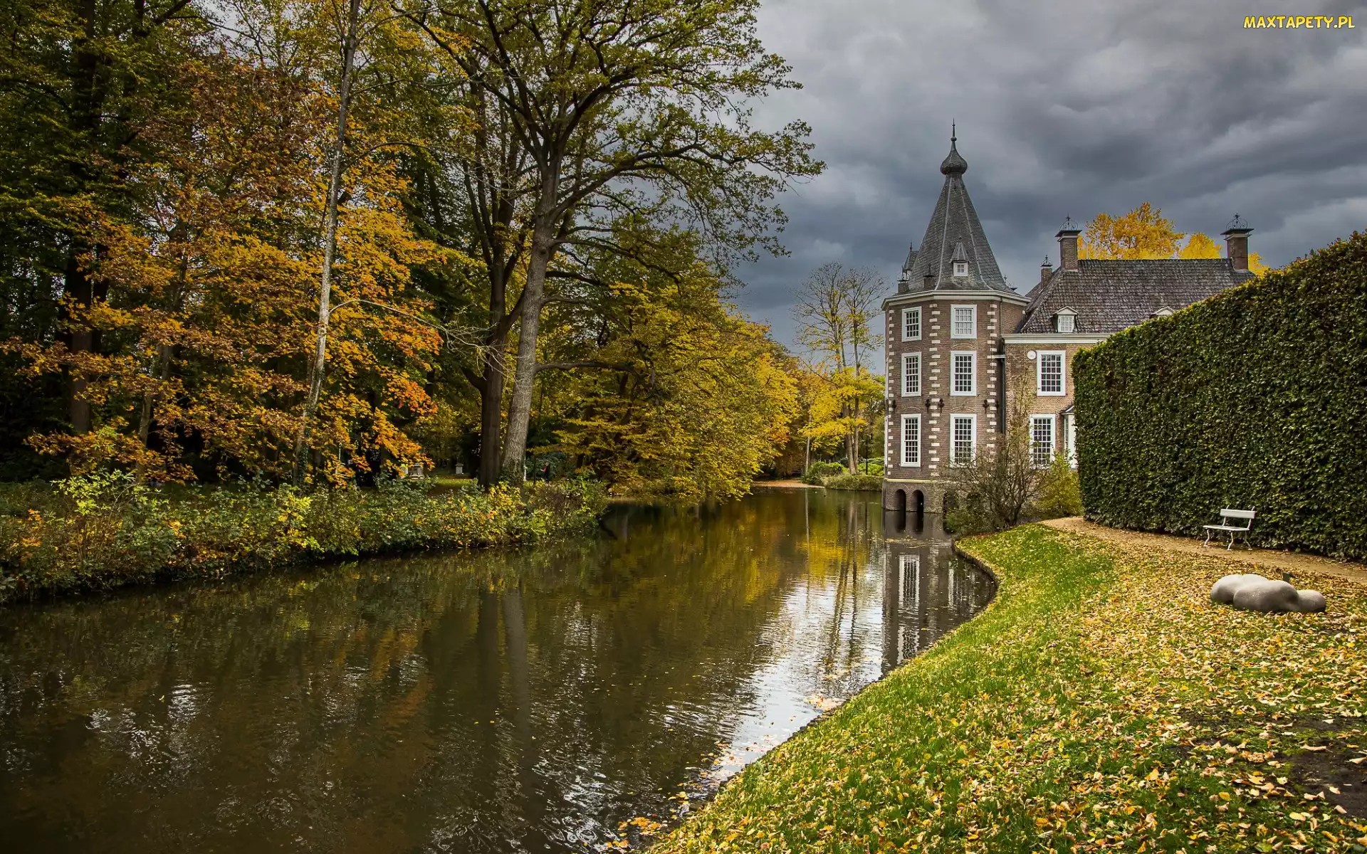 Overijssel, Zamek Nijenhuis, Drzewa, Holandia, Liście, Jesień, Kanał