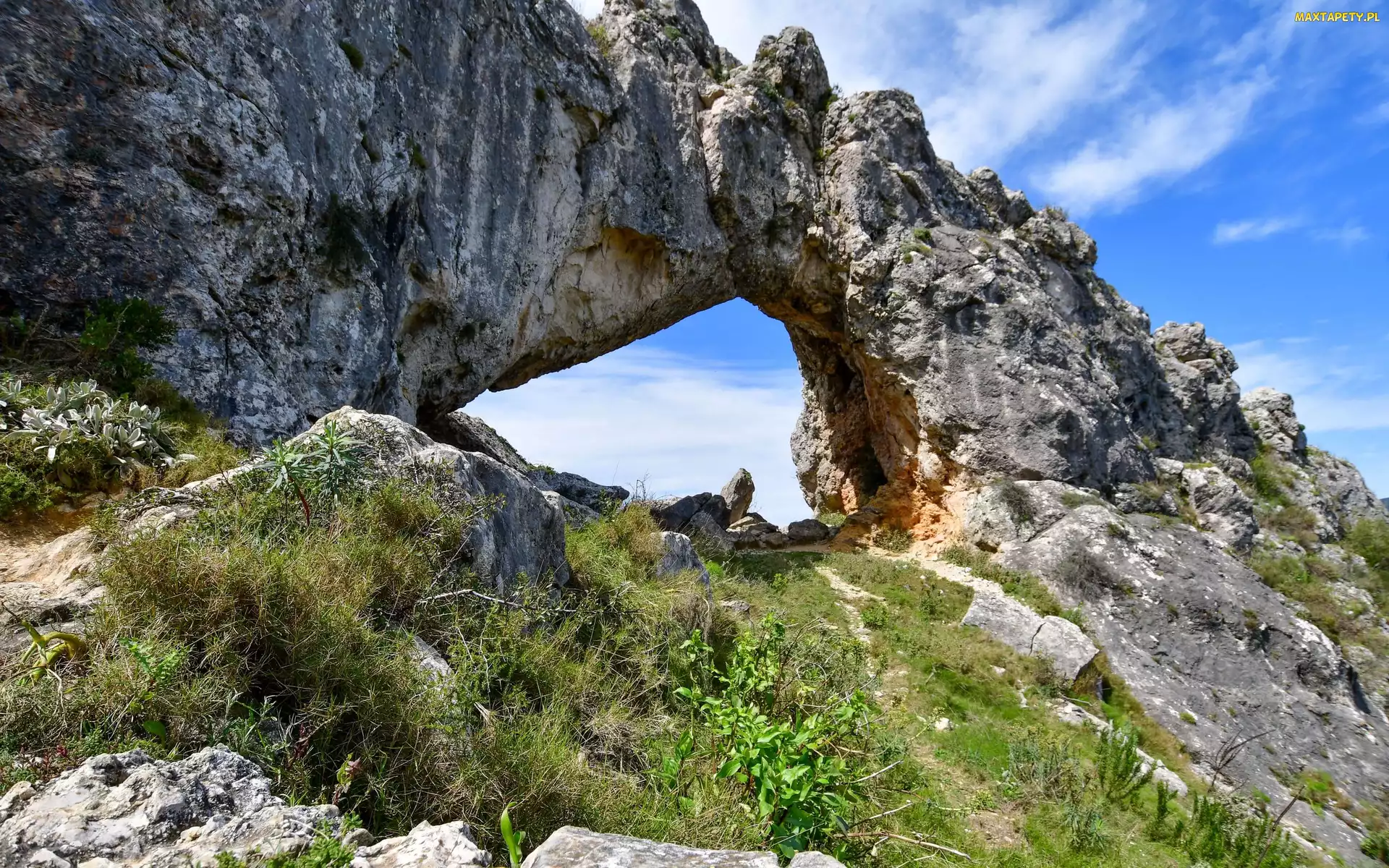 Łuk skalny, Niebo, Kamienie, Trawa, Skała