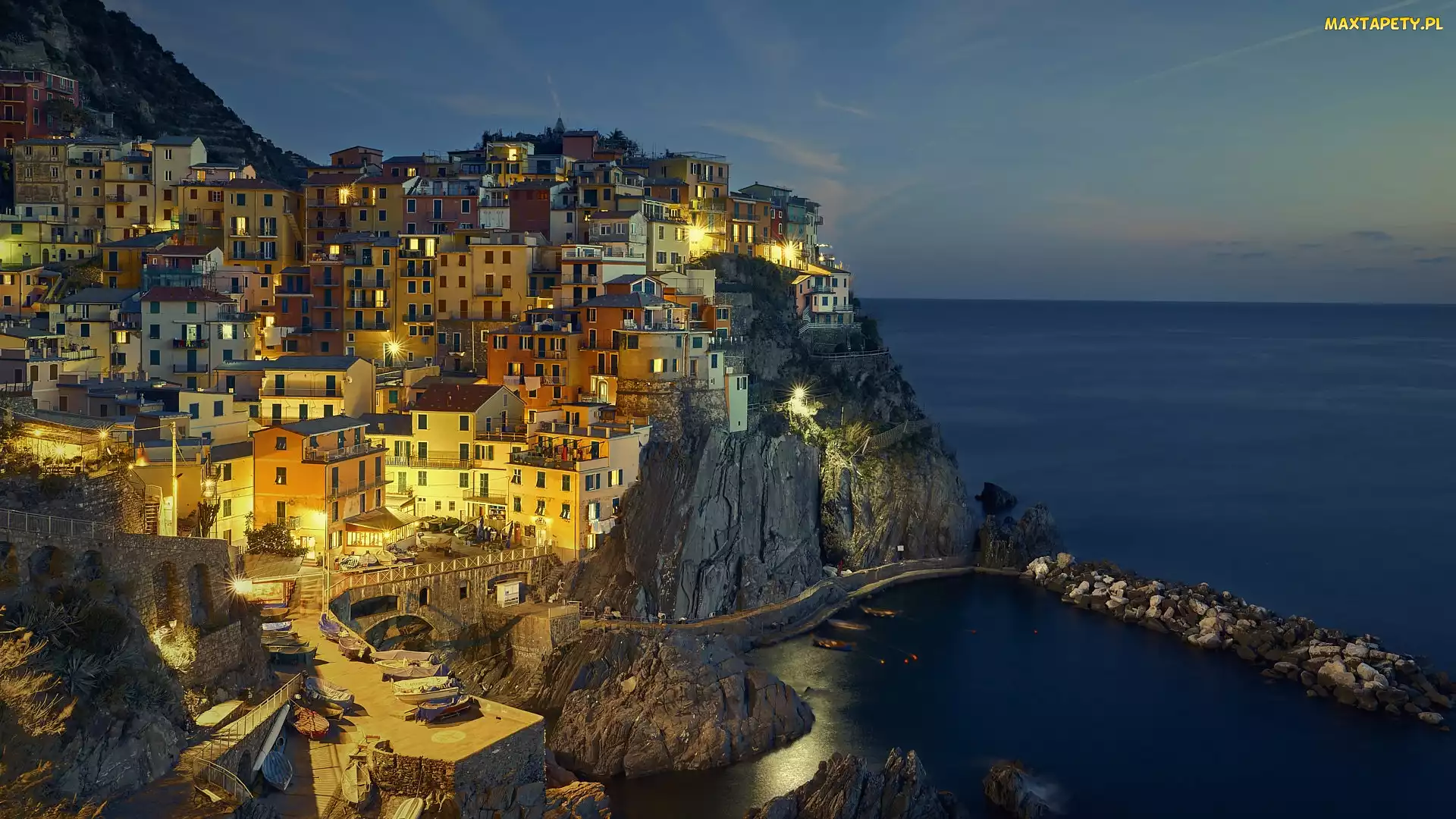 Oświetlone, Włochy, Manarola, Domy, Morze