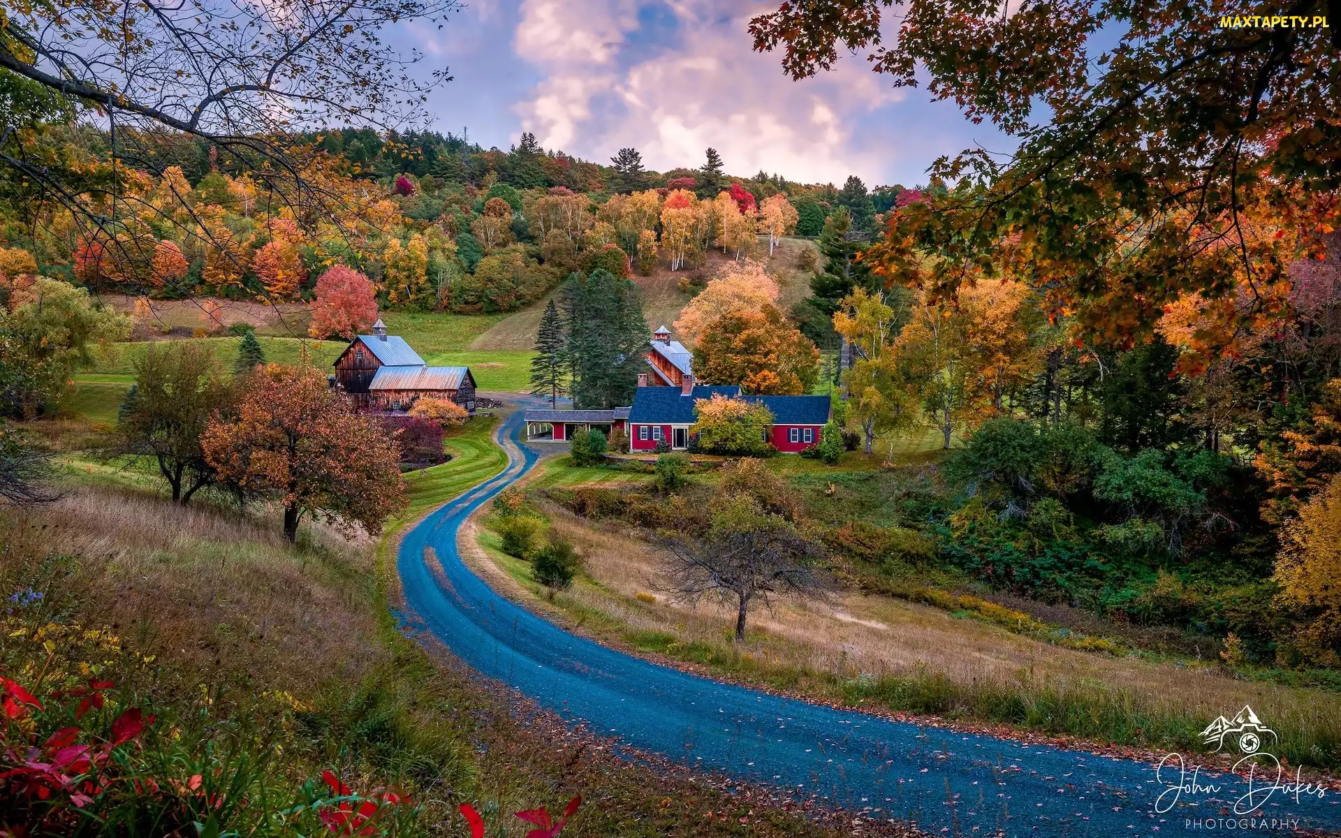 Vermont, Sleepy Hollow Farm, Stany Zjednoczone, Domy, Droga, Pomfret, Drzewa, Jesień