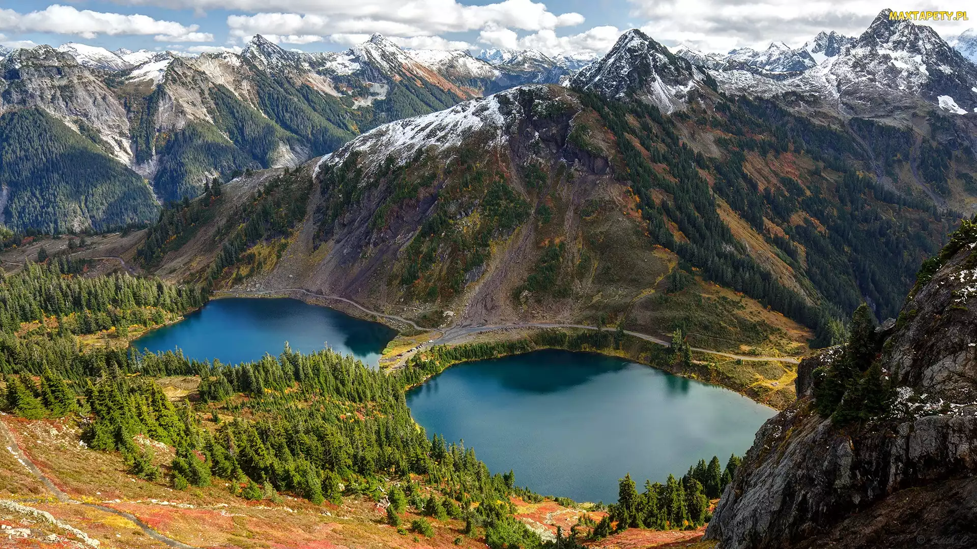 Porośnięte, Stan Waszyngton, Drzewa, Stany Zjednoczone, Śnieg, Twin Lakes, Góry Kaskadowe, Winchester Mountain, Jeziora
