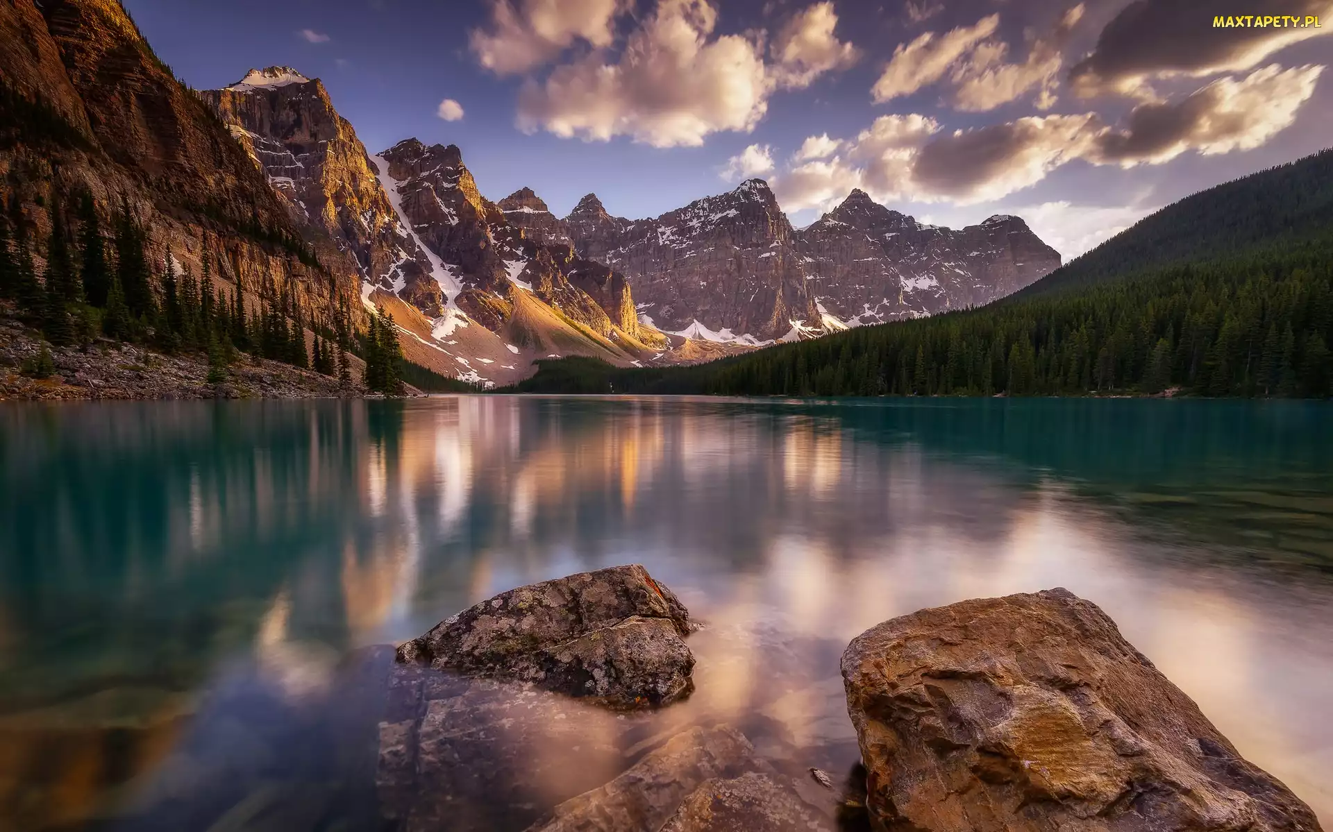 Odbicie, Chmury, Park Narodowy Banff, Kanada, Góry, Jezioro Moraine