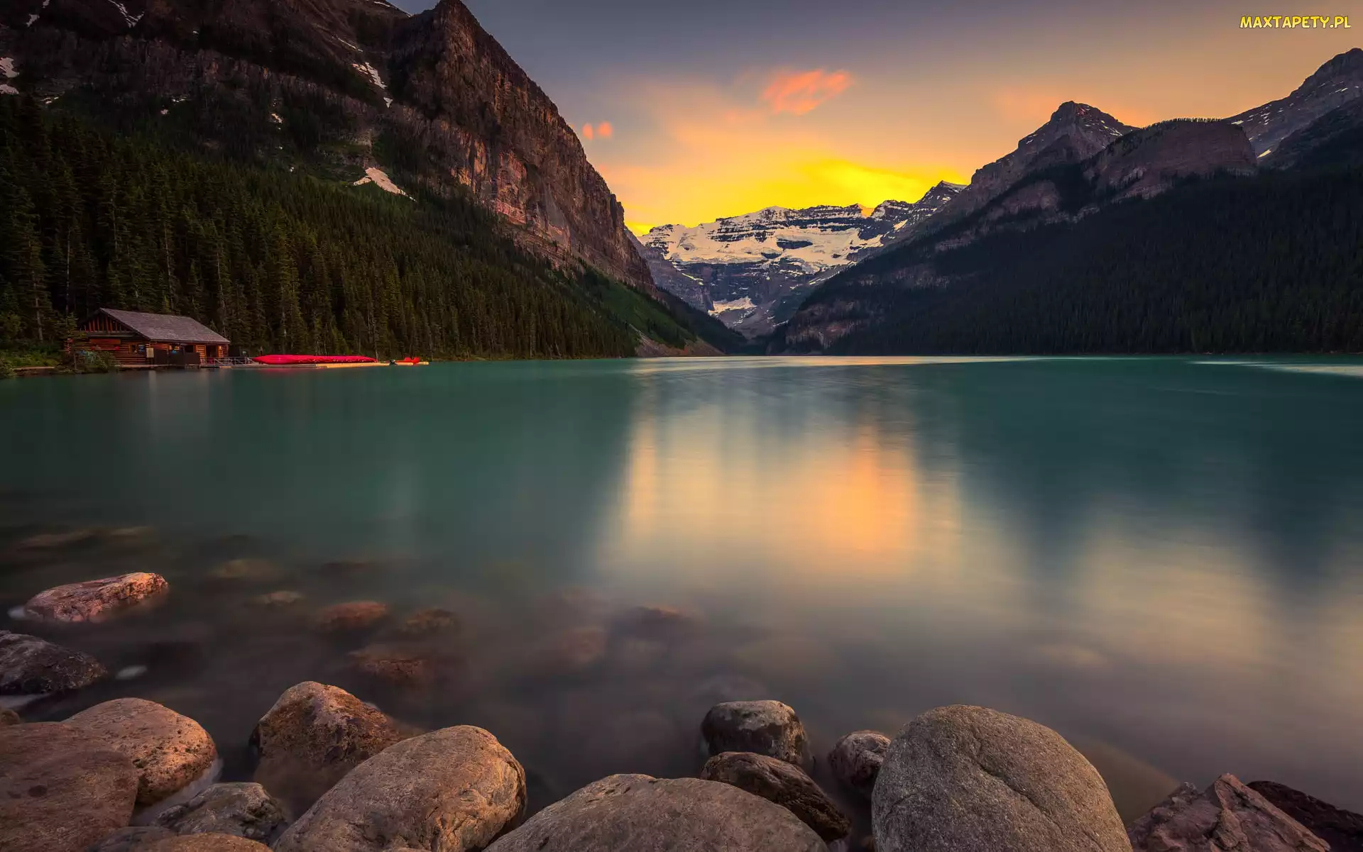 Góry, Alberta, Zachód słońca, Kanada, Park Narodowy Banff, Dom, Jezioro, Lake Louise, Drzewa