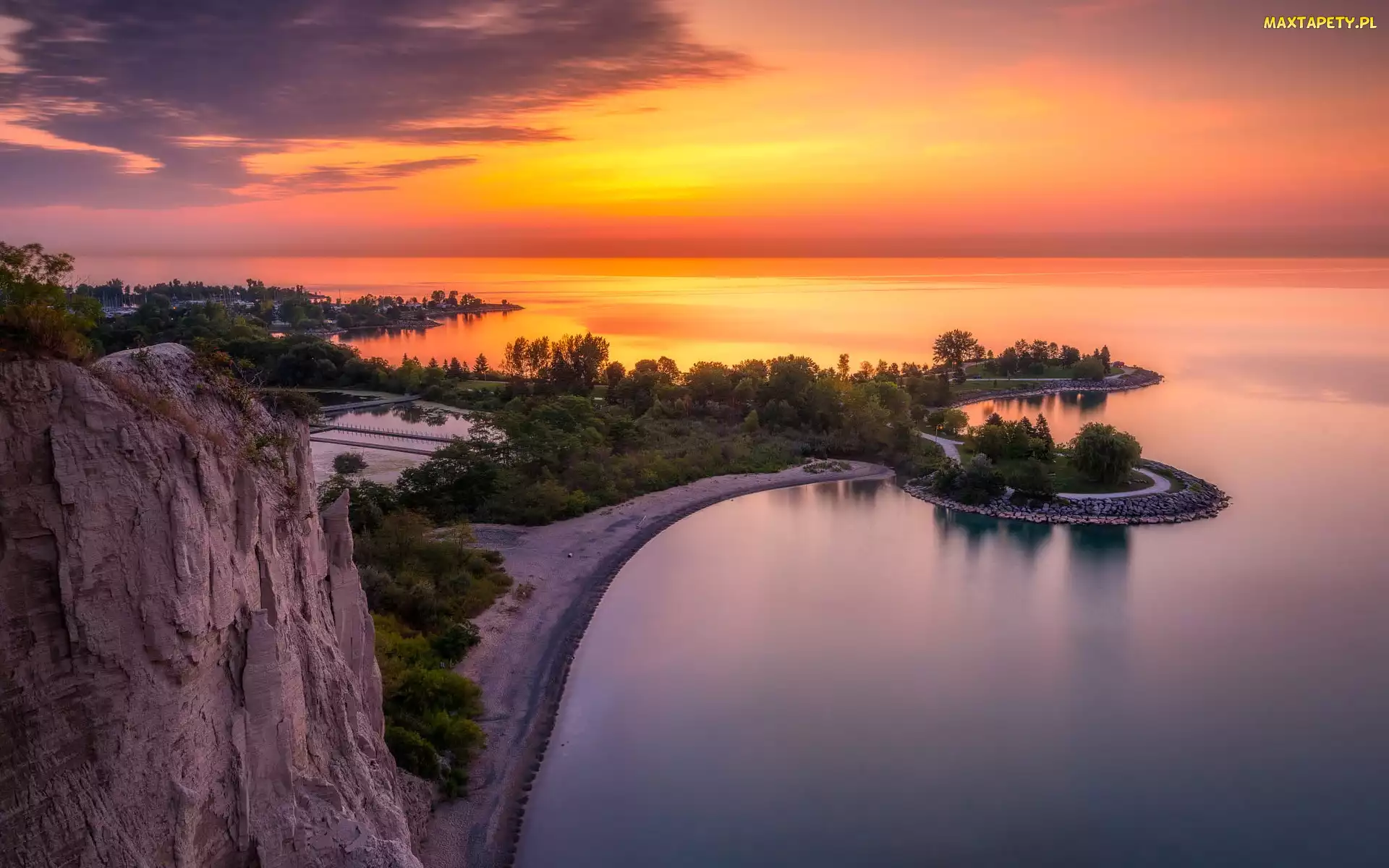 Toronto, Zachód słońca, Cathedral Bluffs Park, Kanada, Drzewa, Jezioro Ontario, Skały
