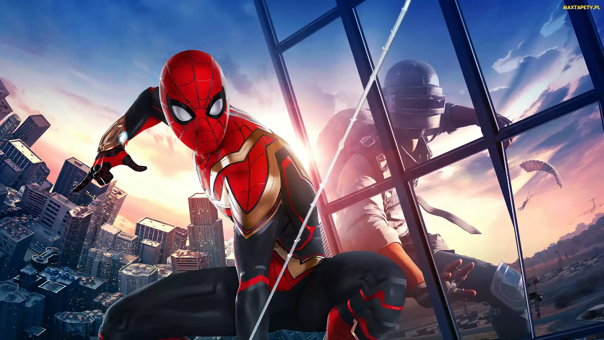 Spider-Man PUBG Mobile, Spadochroniarz, Gra, Spider-Man, Okno, Postać, Lina, Wieżowce