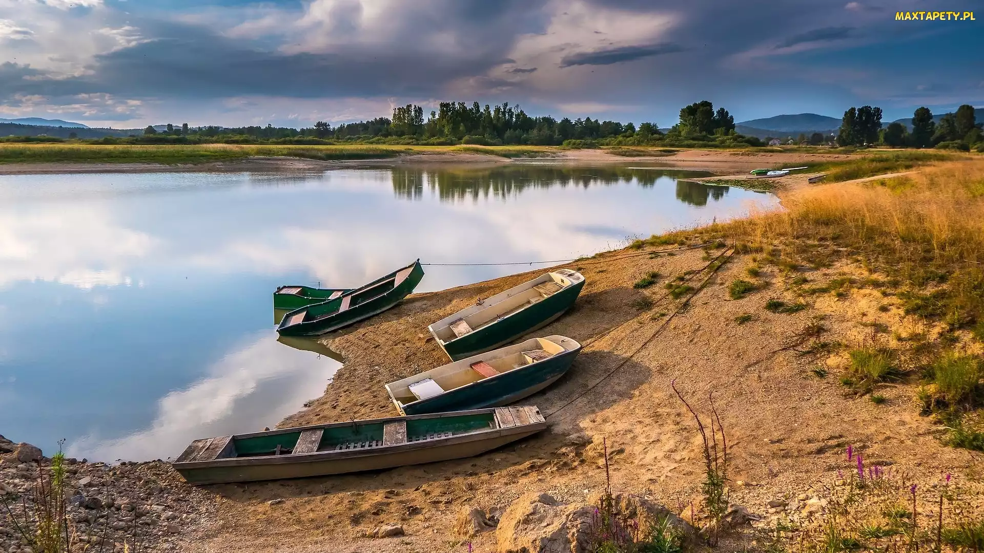 Plaża, Słowenia, Drzewa, Łódki, Jezioro Cerknica
