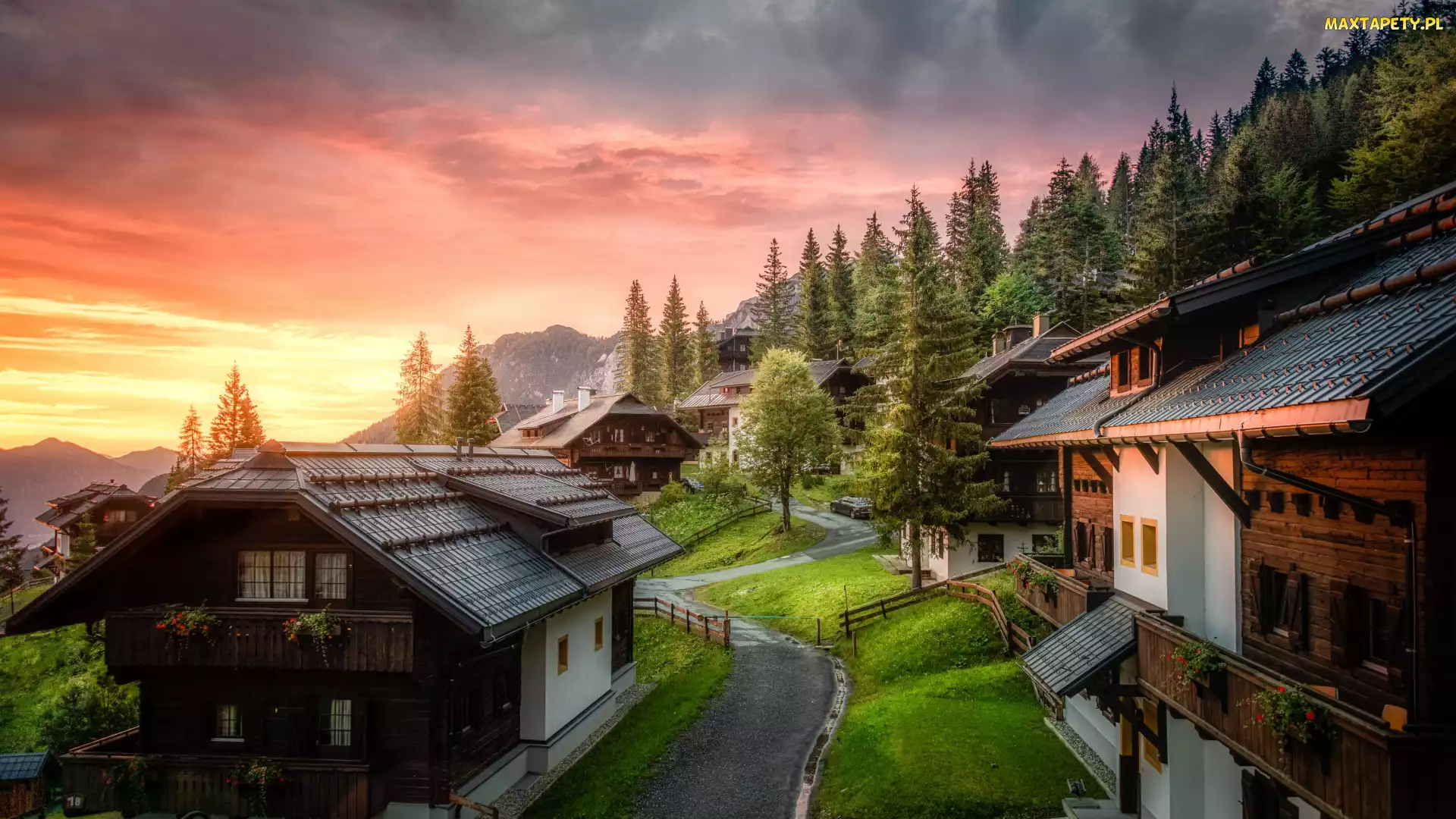 Karyntia, Wschód słońca, Domy, Austria, Poranek, Góry, Ścieżki