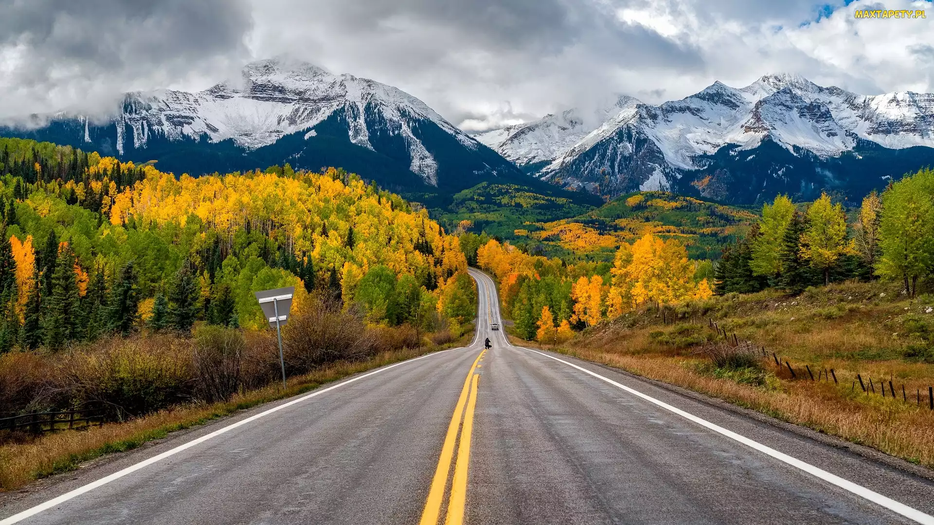 Stany Zjednoczone, Jesień, San Juan Mountains, Droga, Drzewa, Góry, Kolorado, Telluride, Szczyty