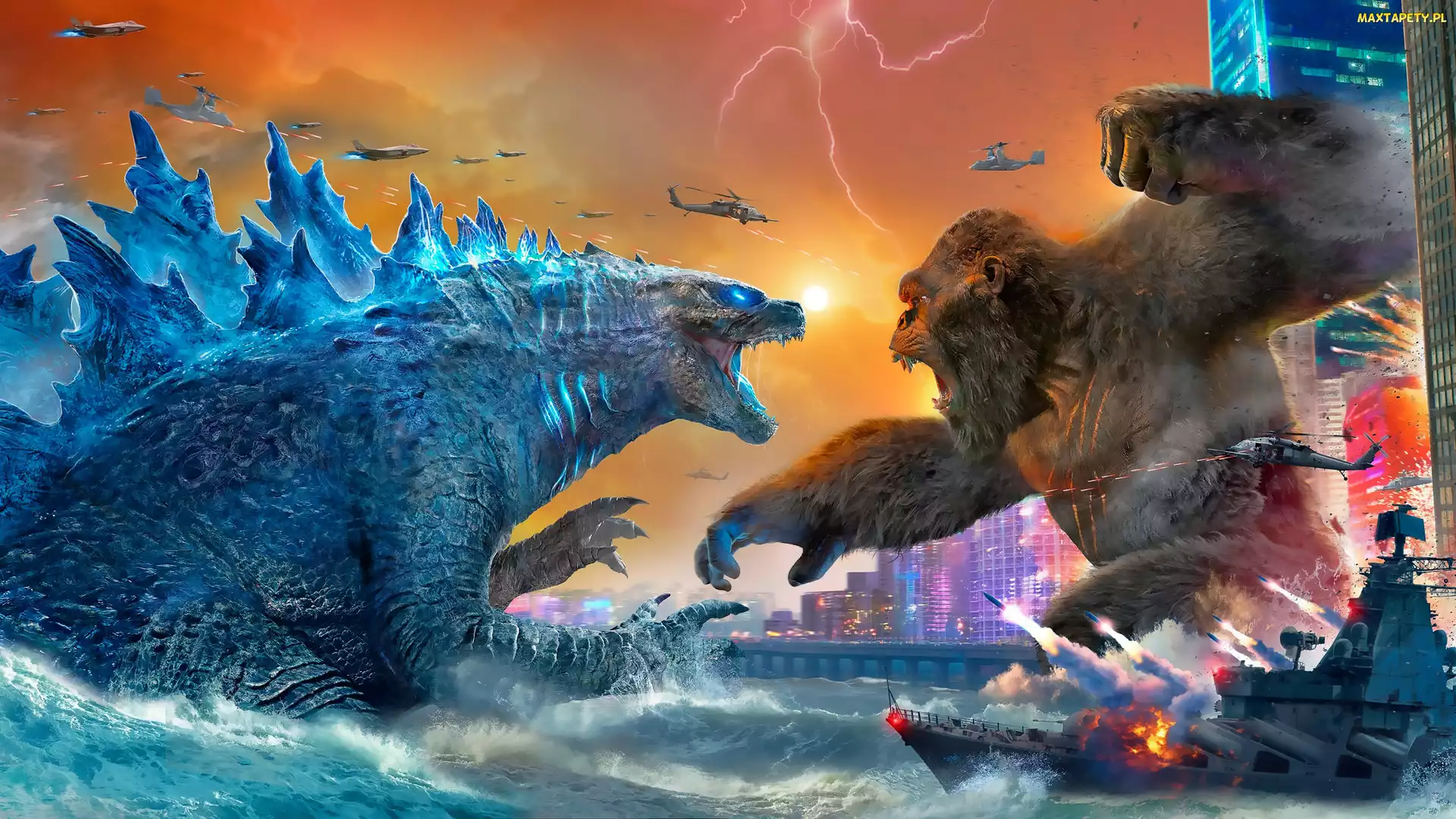 Godzilla vs Kong, Budynki, Plakat, Film, Postaci, Kong, Statek, Godzilla, Helikoptery, Morze, Walka, Samoloty