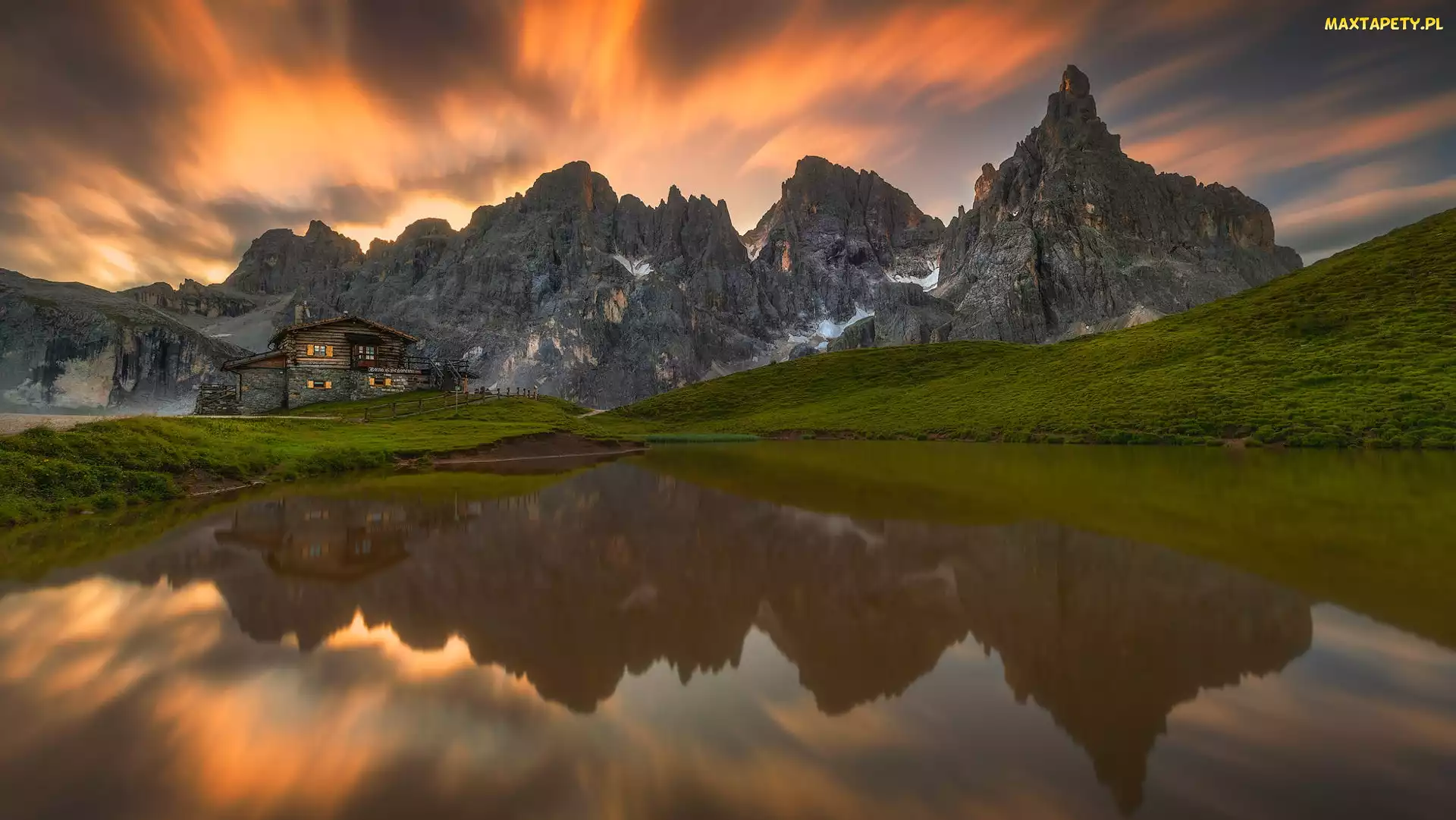 Włochy, Schronisko Baita Segantini, Jezioro, Odbicie, Dom, Cimon della Pala, Góry, Dolomity, Szczyt