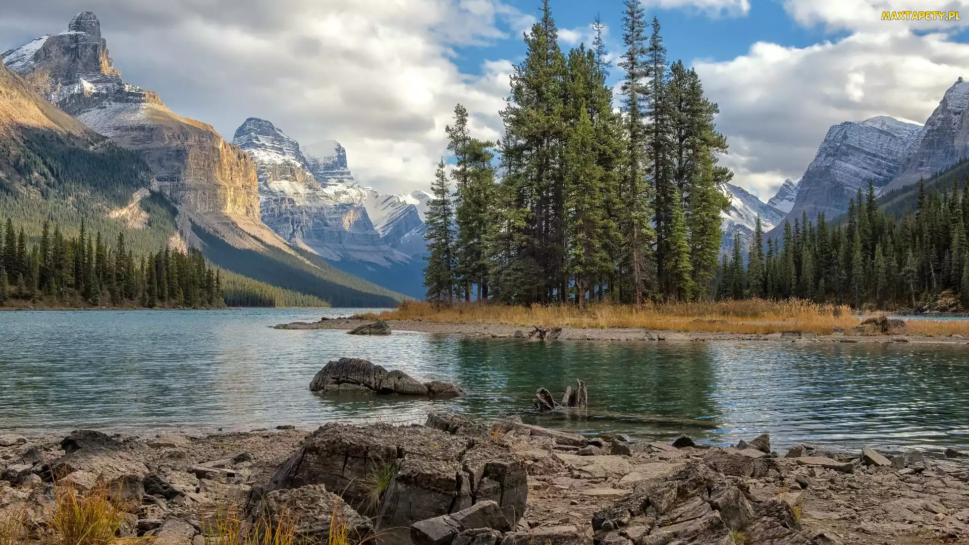 Jezioro, Skały, Góry, Drzewa, Alberta, Maligne Lake, Kanada, Park Narodowy Jasper