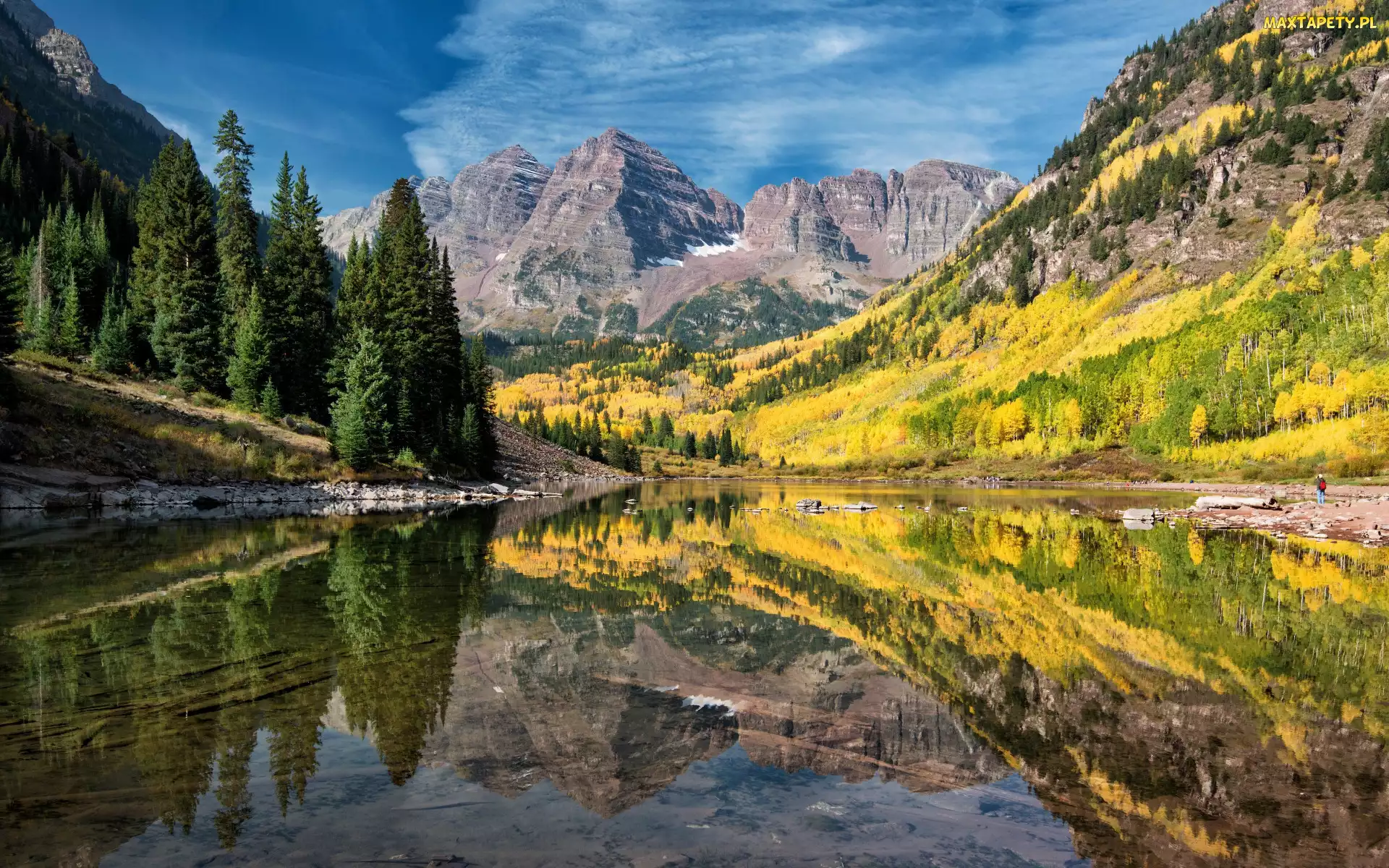 Jezioro, Maroon Lake, Jesień, Lasy, Odbicie, Stany Zjednoczone, Góry, Kolorado, Drzewa, Szczyty, Maroon Bells