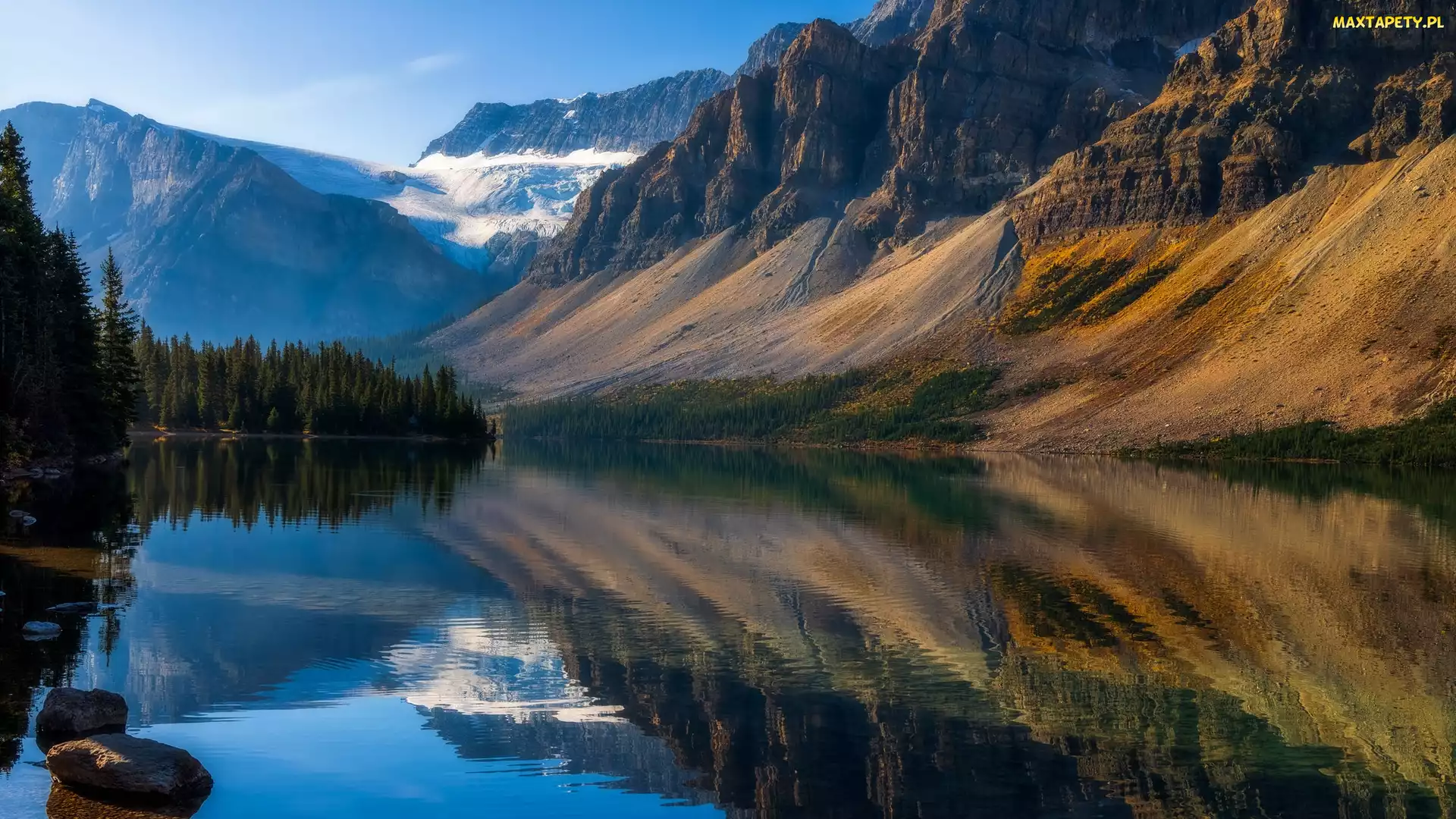 Park Narodowy Banff, Alberta, Lodowiec, Kanada, Crowfoot Glacier, Bow Lake, Góry, Drzewa, Jezioro
