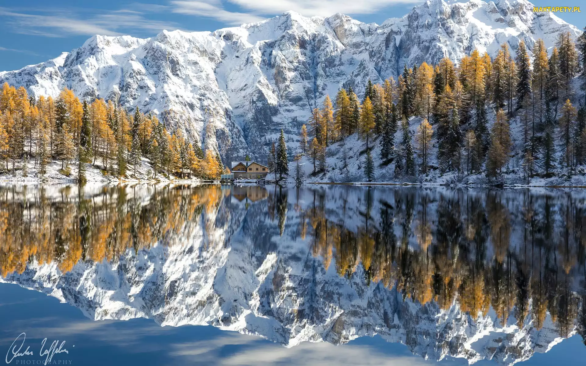 Lake Malghette, Dom, Jezioro, Drzewa, Zima, Góry, Włochy, Odbicie