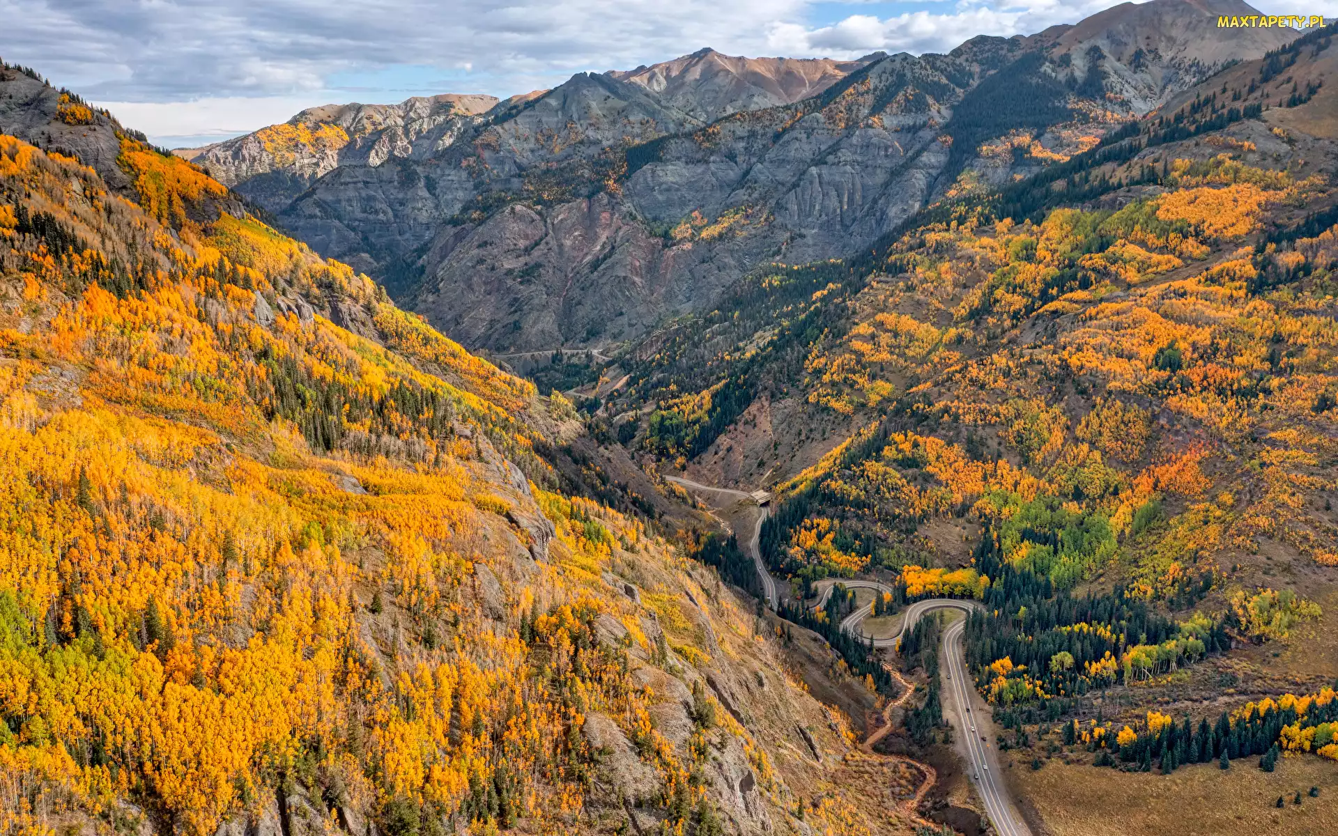 Góry, Droga, Jesień, Dolina, Stan Kolorado, Lasy, Stany Zjednoczone, Million Dollar Highway US 550
