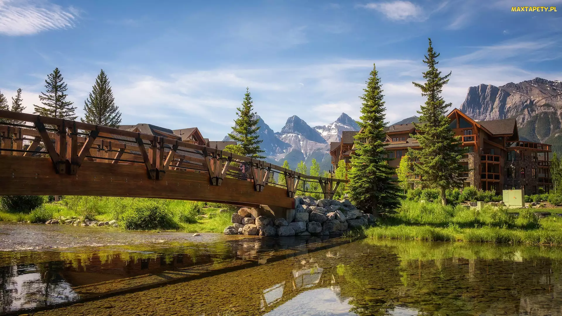 Prowincja Alberta, Rzeka, Kanada, Góry Skaliste, Dom, Canmore, Most, Drzewa