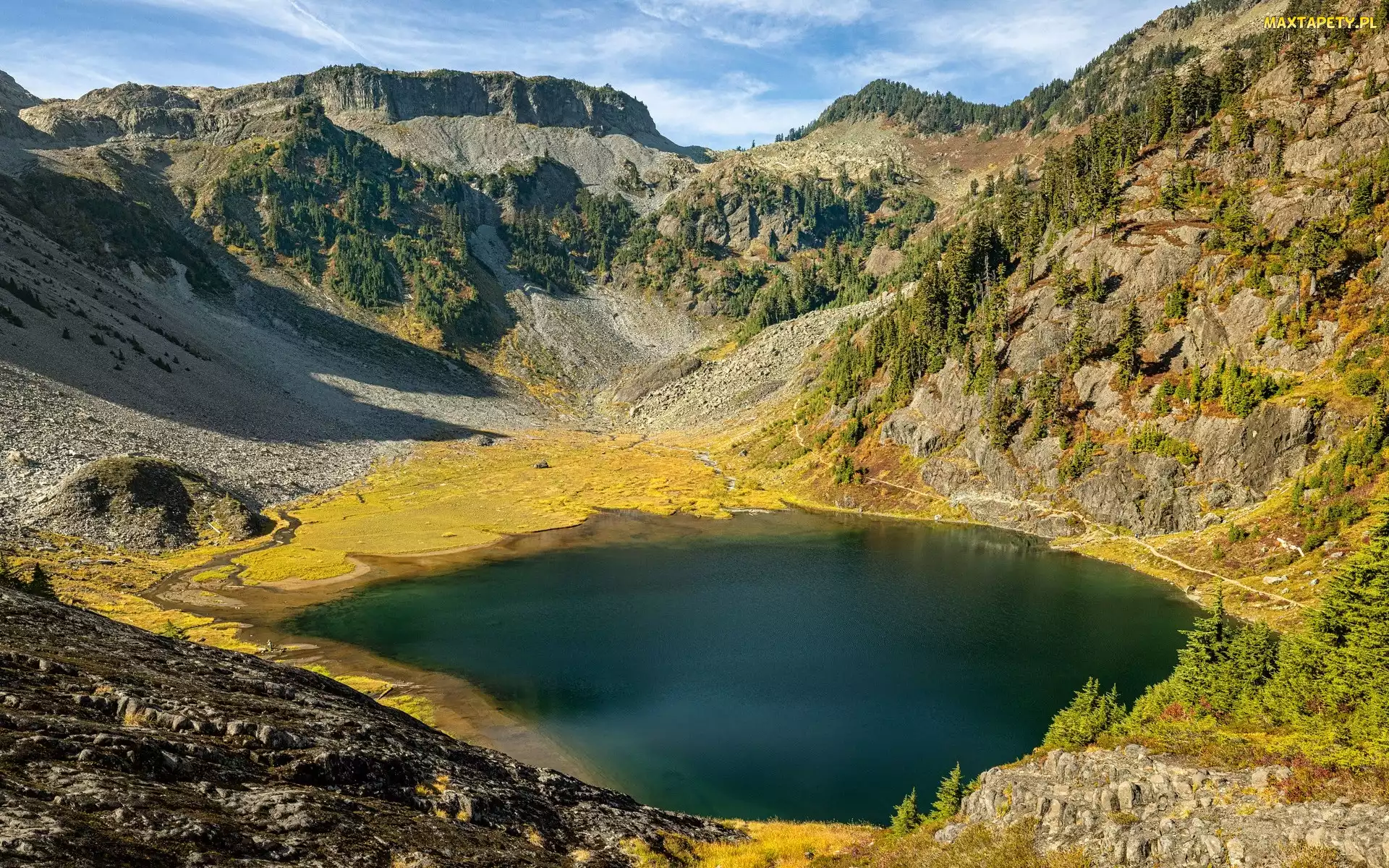 Stany Zjednoczone, Stan Waszyngton, Jezioro, Góry, Bagley Lake, Drzewa