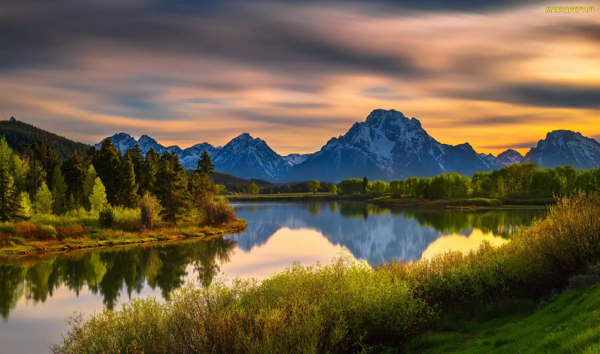 Drzewa, Stan Wyoming, Zachód słońca, Stany Zjednoczone, Park Narodowy Grand Teton, Snake River, Góry, Teton Range, Rzeka