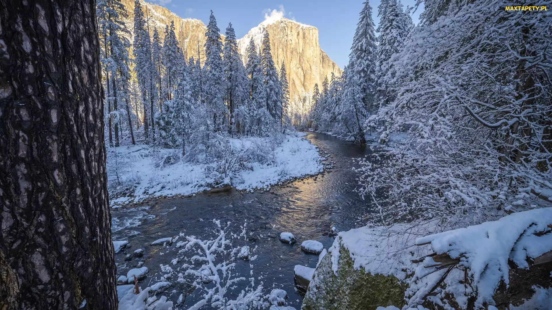 Zima, Kalifornia, Rzeka Merced, Stany Zjednoczone, Park Narodowy Yosemite, Drzewa, Śnieg, Góra, Half Dome