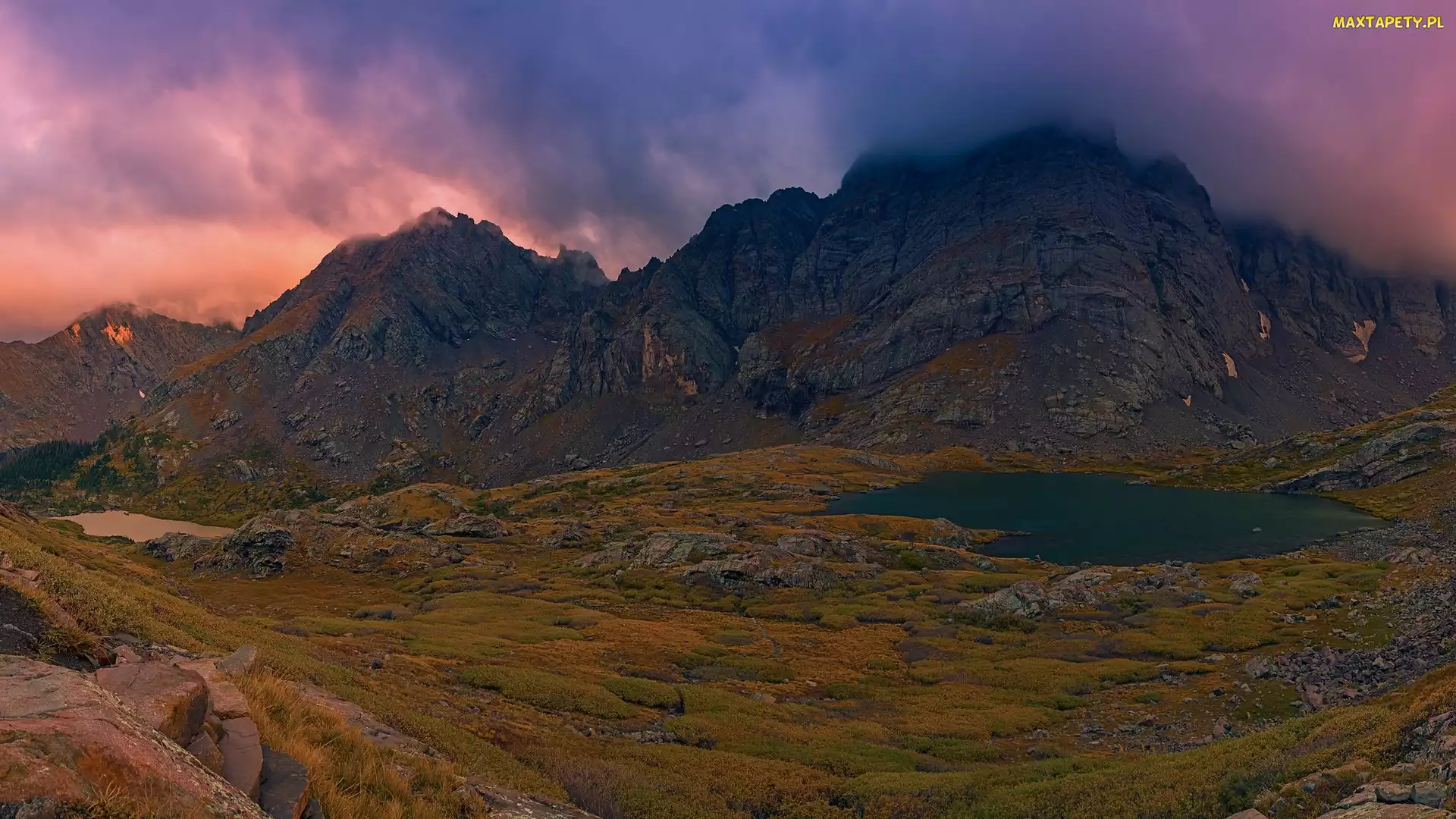 Wschód słońca, Kolorado, Jezioro, Stany Zjednoczone, South Colony Lakes, Łąka, Góry, Sangre de Cristo Mountains, Skały