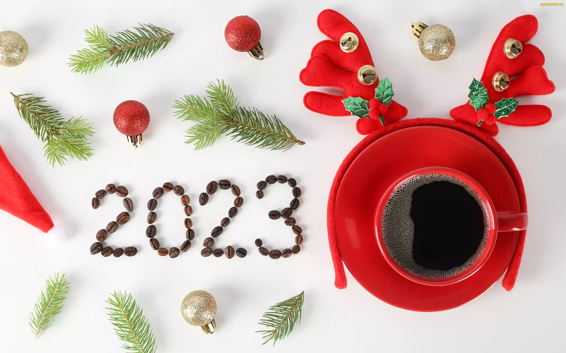 Kawa, Bombki, Filiżanka, Gałązki, 2023, Ziarenka, Nowy Rok, Cyfry