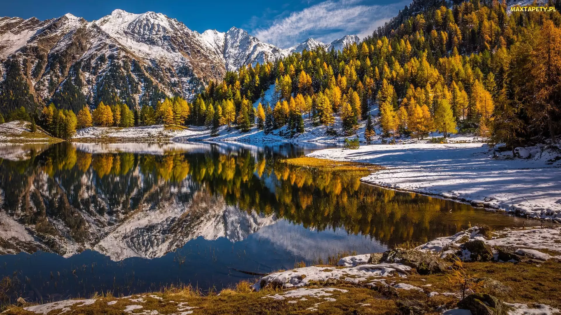 Jezioro, Odbicie, Śnieg, Drzewa, Góry