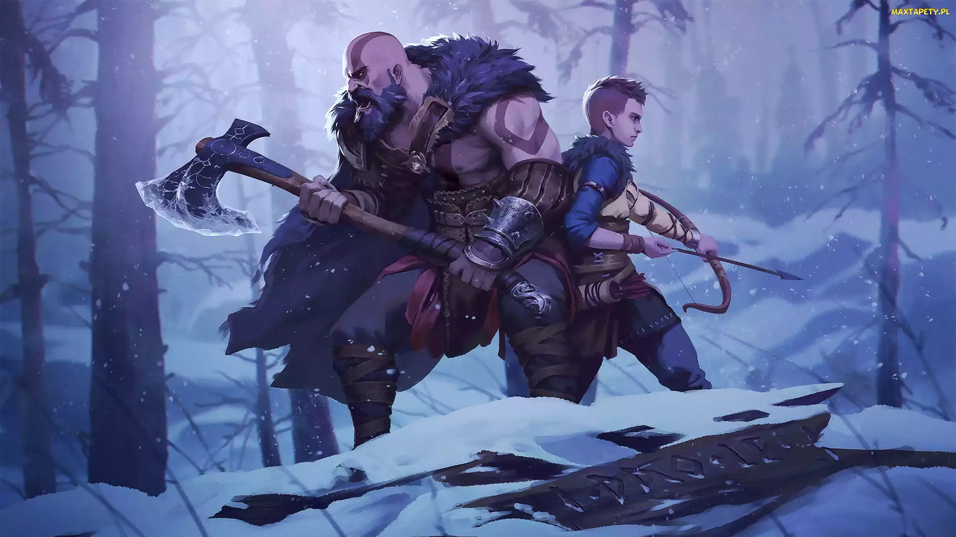 God of War Ragnarok, Las, Łuk, Zima, Śnieg, Topór, Postacie, Kratos, Atreus