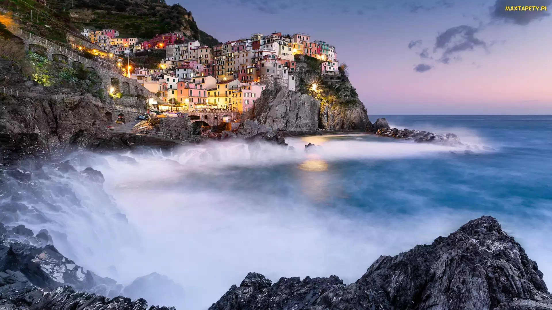 Domy, Manarola, Morze Liguryjskie, Włochy, Skały, Region Liguria