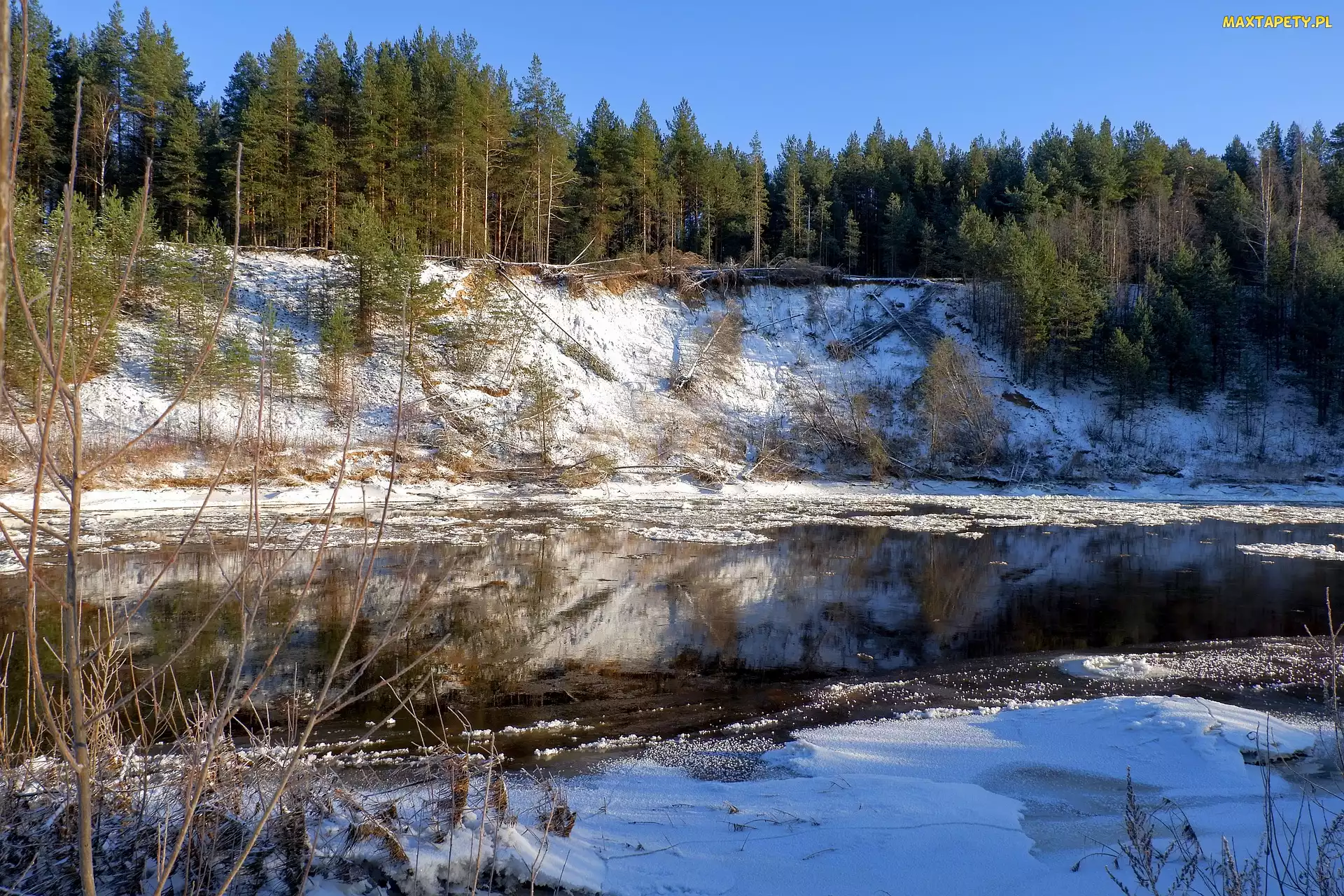 Śnieg, Wzgórze, Rzeka, Zima, Las, Drzewa