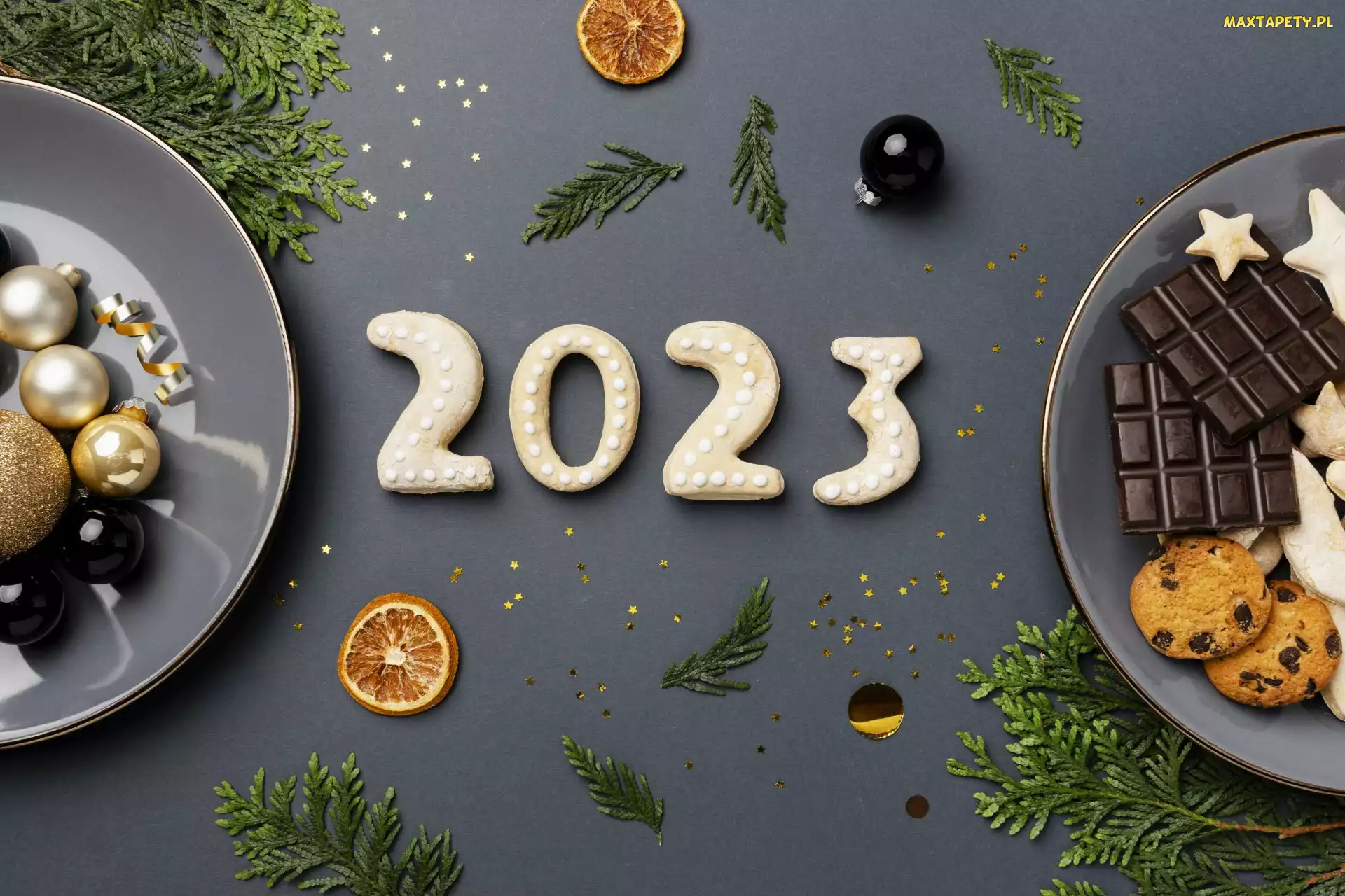 Ciasteczka, Talerzyki, Nowy Rok, 2023, Czekolada, Data, Gałązki, Bombki