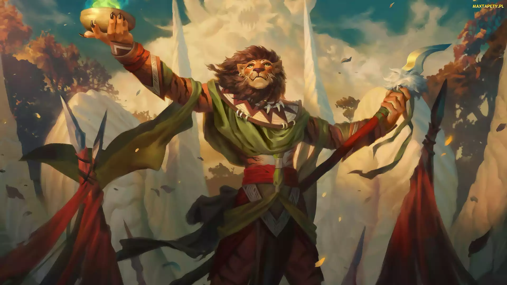 Magic The Gathering, Lew, Gra karciana, Runadi, Flagi, Postać, Niebo, Włócznie