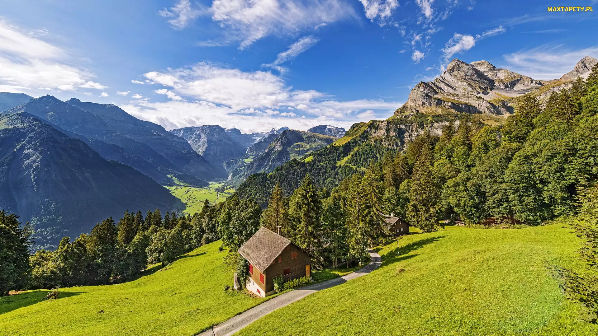 Kanton Glarus, Braunwald, Droga, Szwajcaria, Alpy Glarneńskie, Domki, Góry
