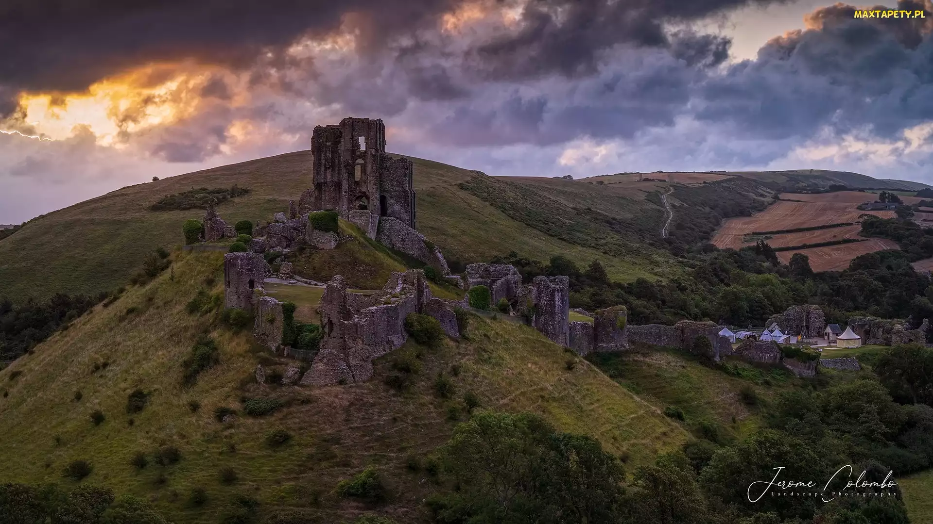 Wzgórza, Anglia, Zamek Corfe, Ruiny, Wschód słońca
