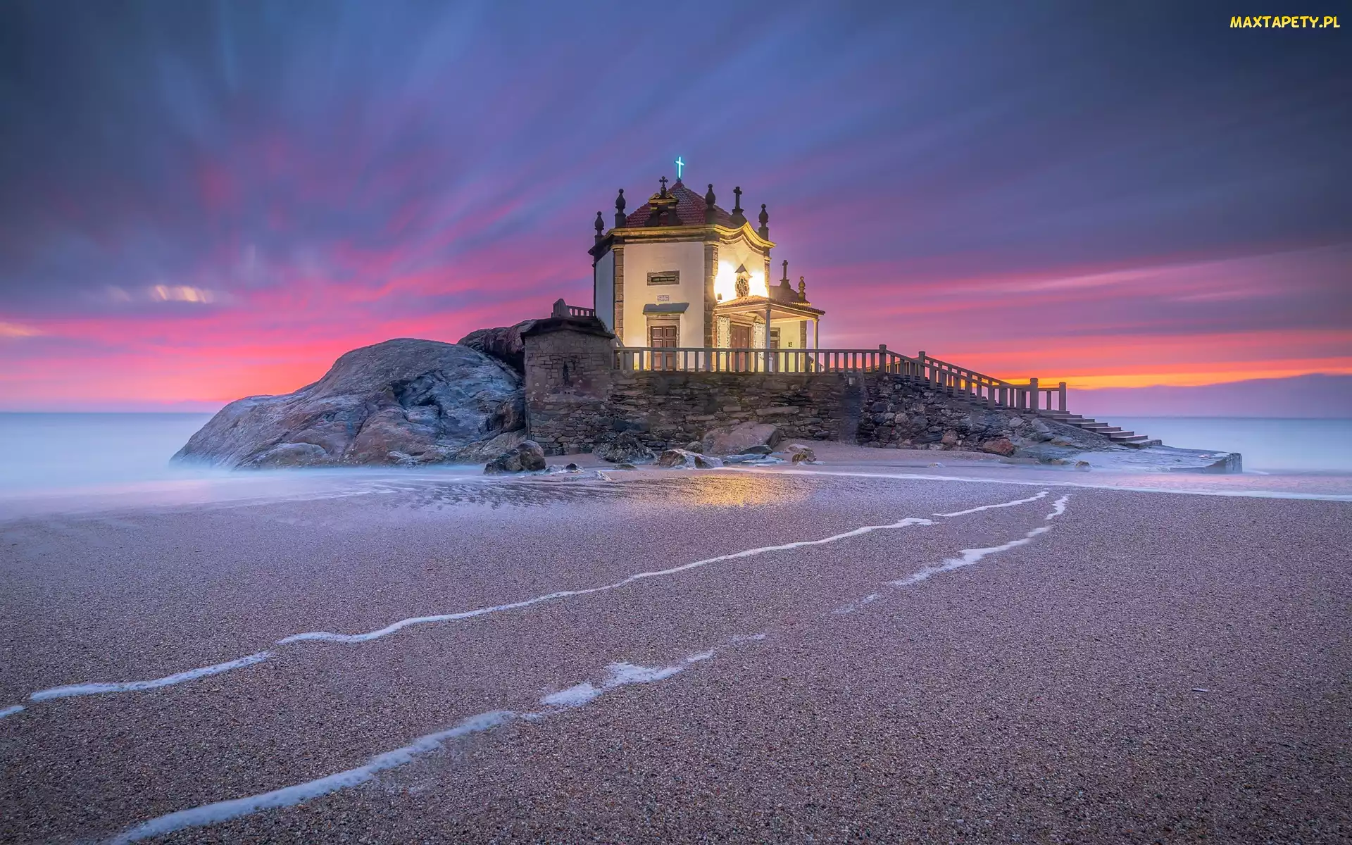 Skały, Senhor da Pedra, Praia de Miramar, Zachód słońca, Kościół, Portugalia, Morze