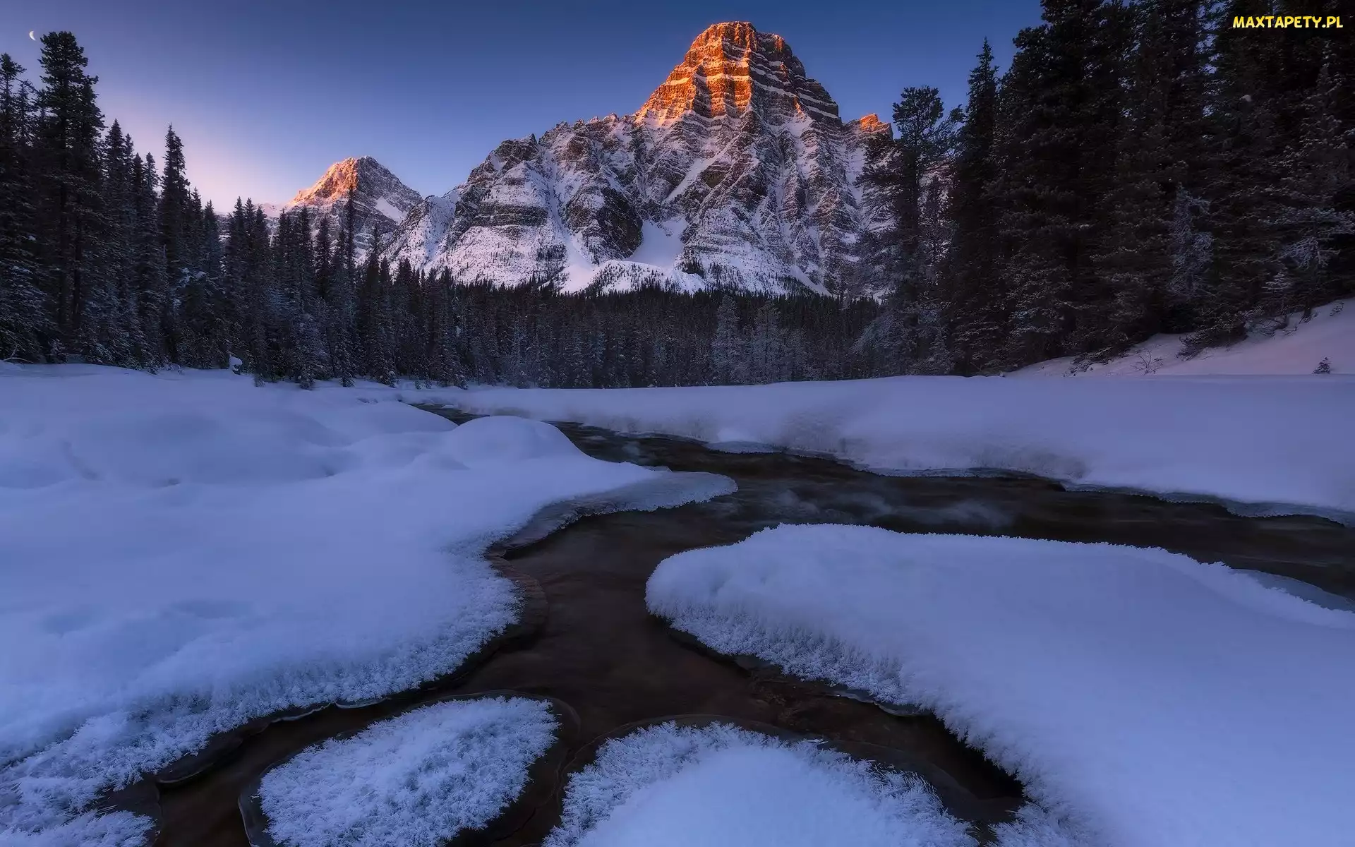 Kanada, Rzeka, Mount Chepren, Zima, Drzewa, Szczyt, Alberta, Park Narodowy Banff, Góry