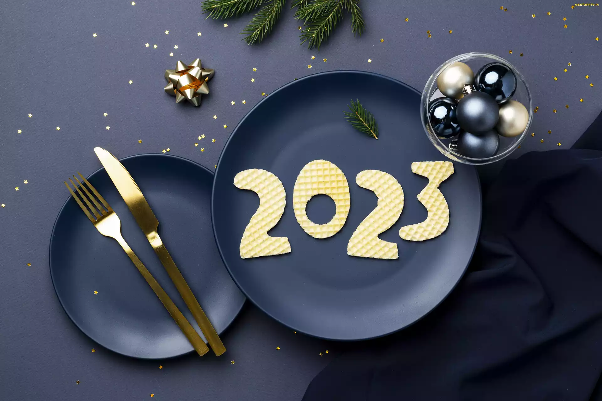 Cyfry, Widelec, Nowy Rok, Talerze, Bombki, 2023, Gałązka, Nóż