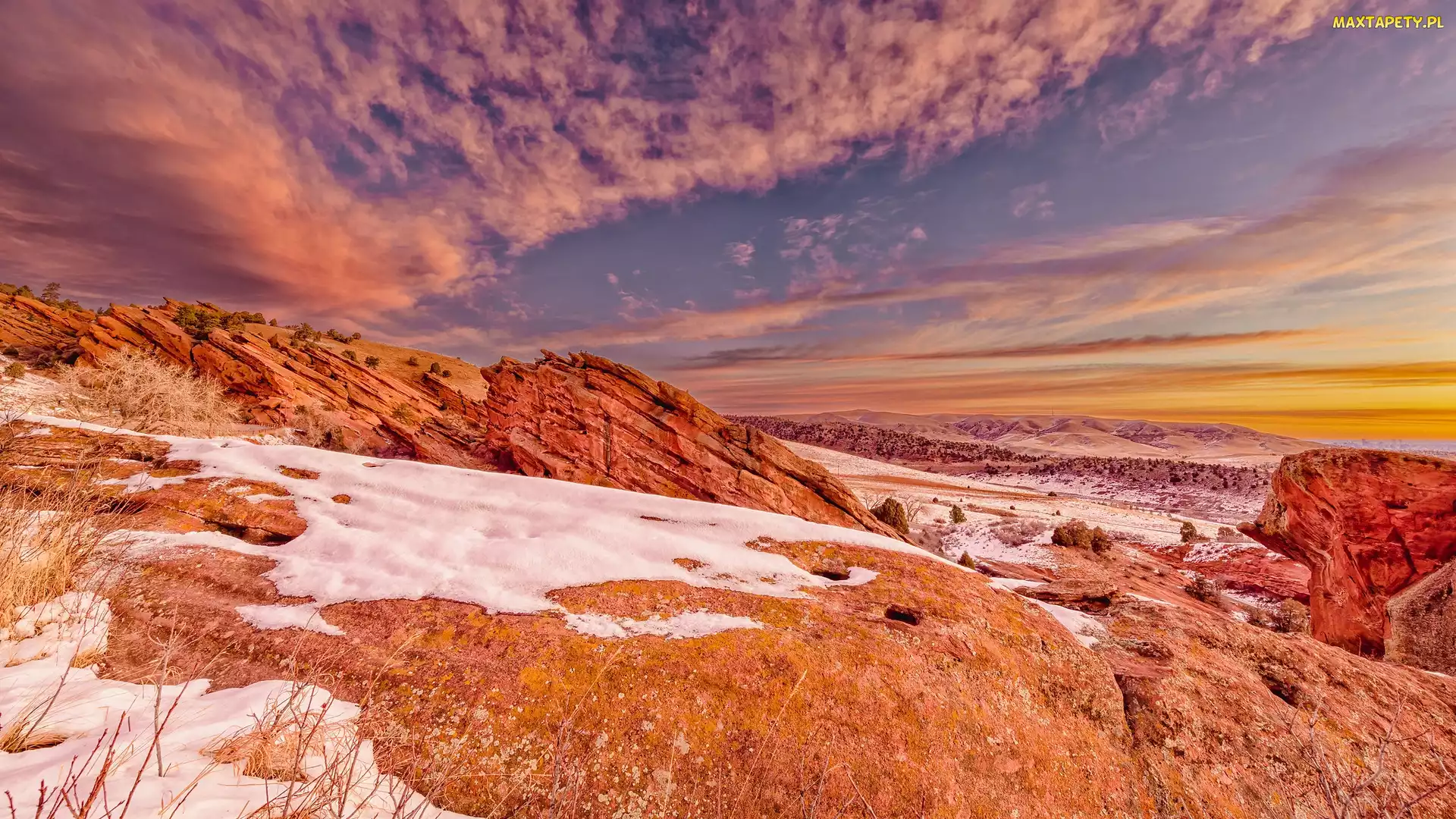 Skały, Stany Zjednoczone, Kolorado, Red Rocks Park, Wschód słońca