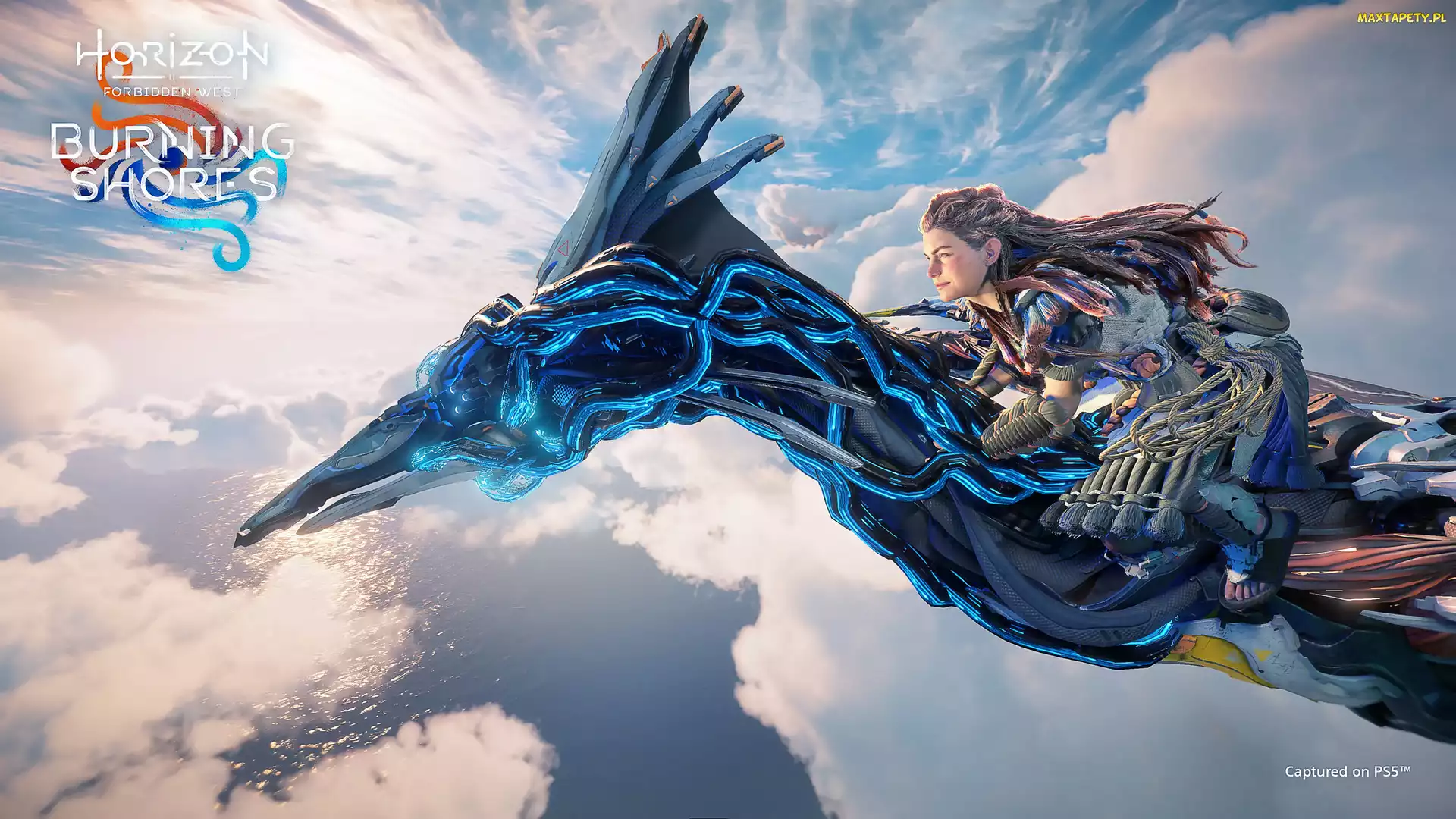 Horizon Forbidden West Burning Shores, Cyber-ptak, Gra, Aloy, Lot, Postać, Plakat, Chmury