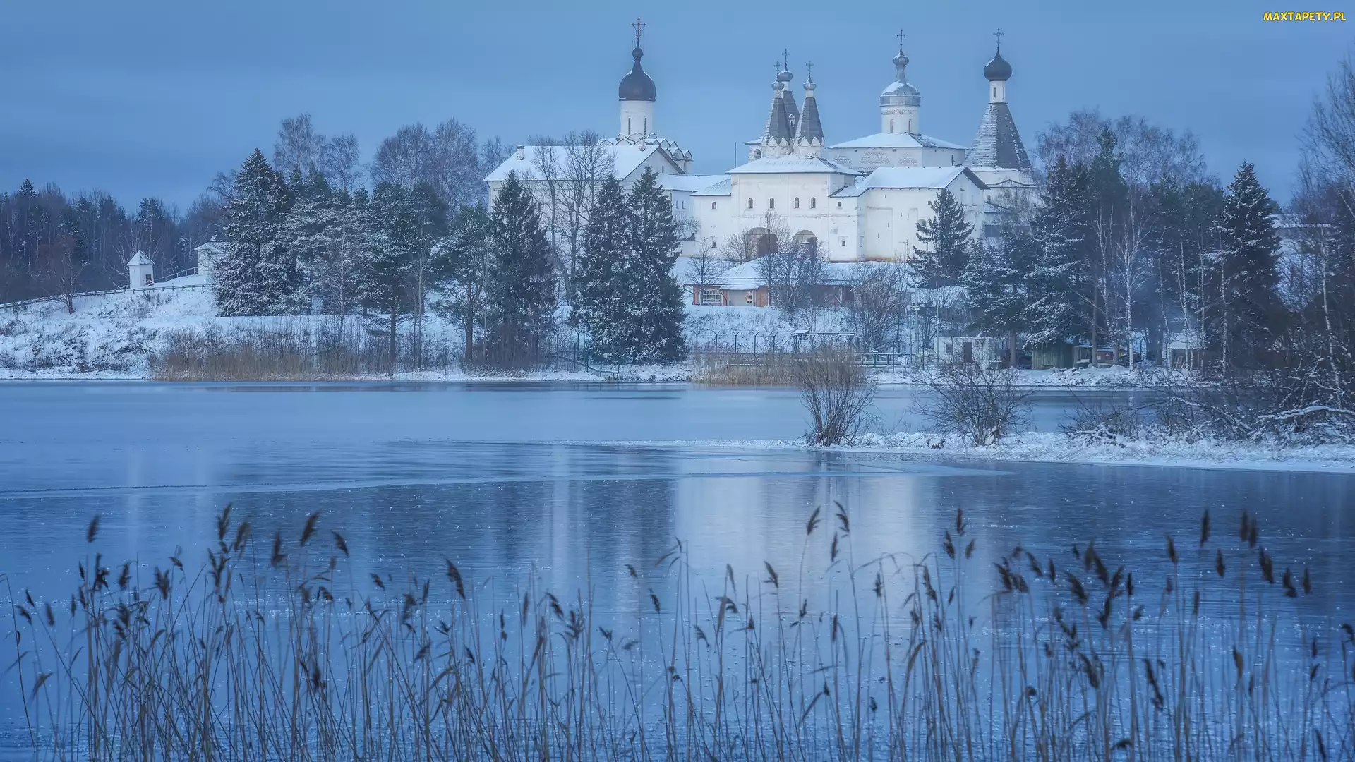 Obwód wołogodzki, Wieś Ferapontovo, Jezioro, Rosja, Monaster Terapontowski, Zima, Cerkiew