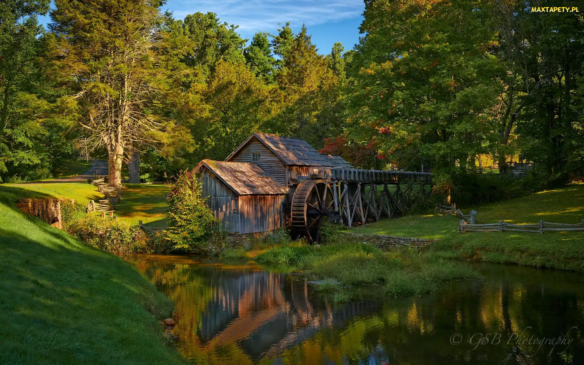 Wirginia, Trawa, Mabry Mill, Stany Zjednoczone, Drzewa, Młyn wodny, Rzeka