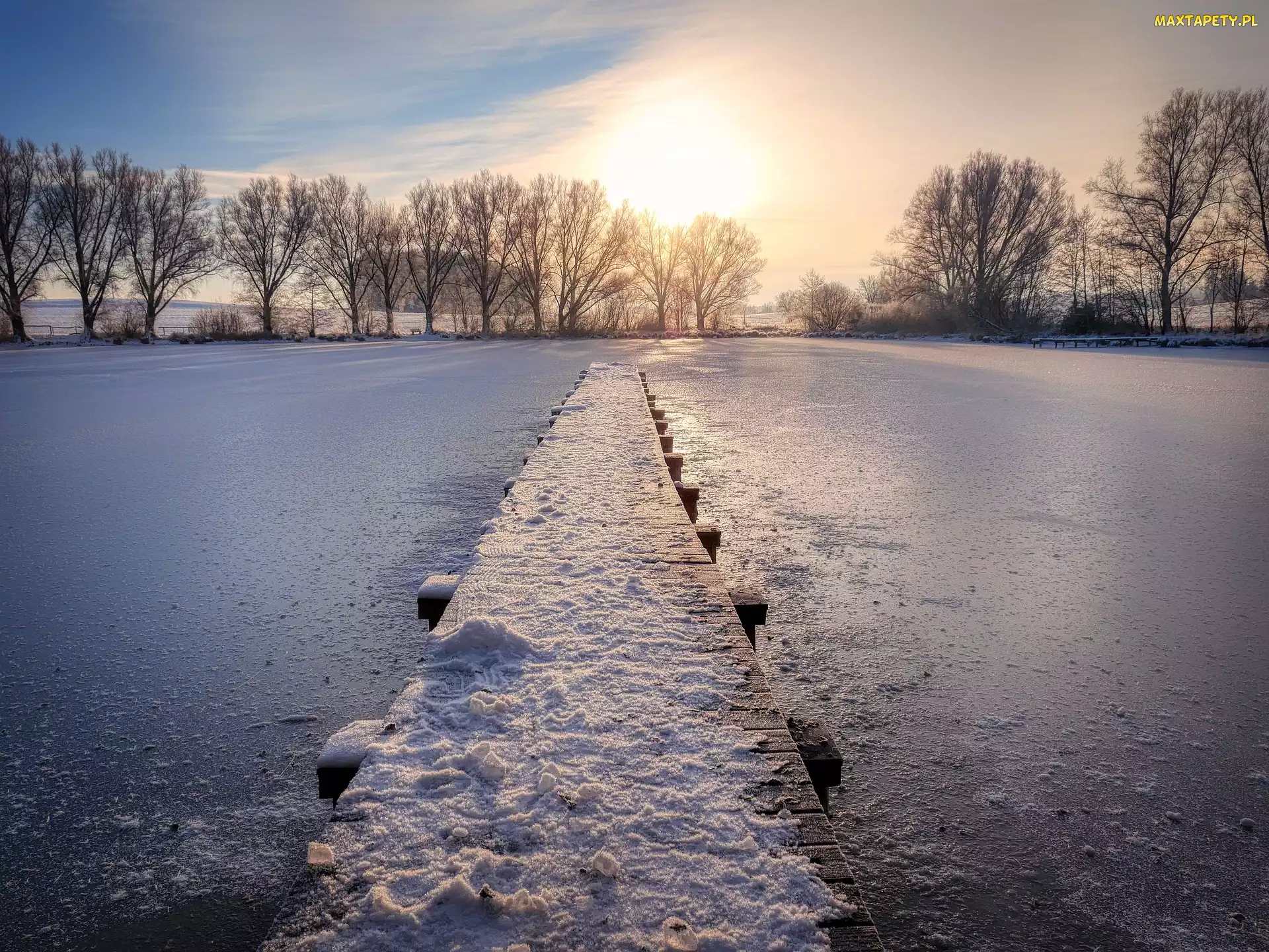 Staw, Drzewa, Śnieg, Pomost, Zima