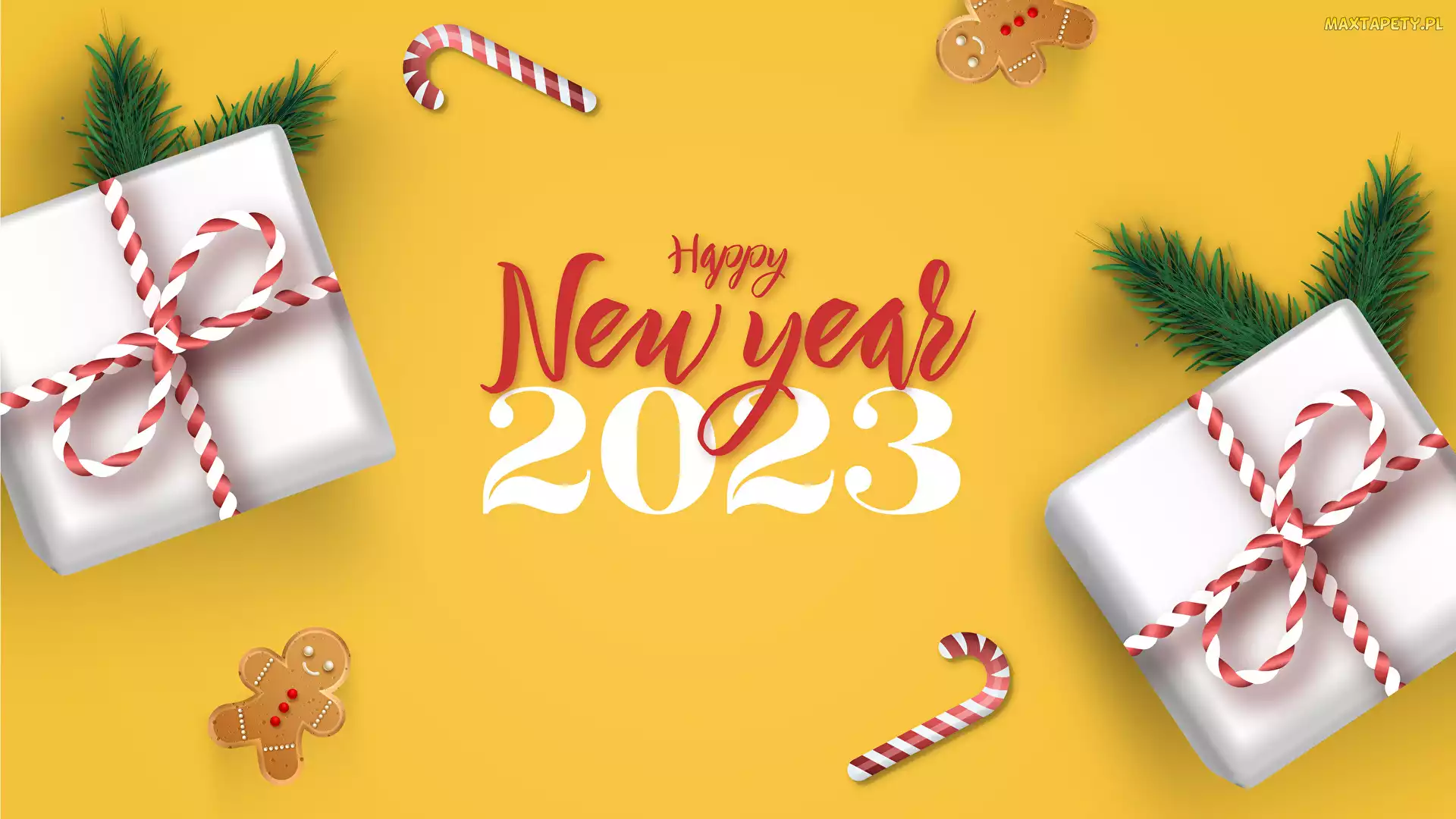 Nowy Rok, Żółte, Życzenia, Tło 2D, Happy New Year, Gałązki, 2023, Prezenty, Lizaki
