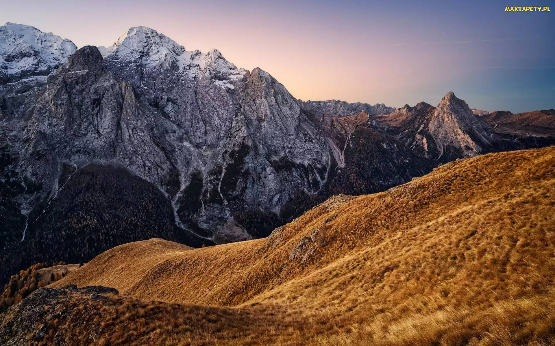 Dolomity, Włochy, Jesień, Wschód słońca, Góry